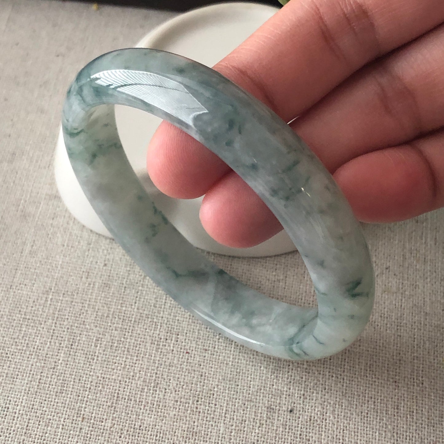 56.5mm Icy Green Float Flowers D-Shaped Jadeite Jade Bangle