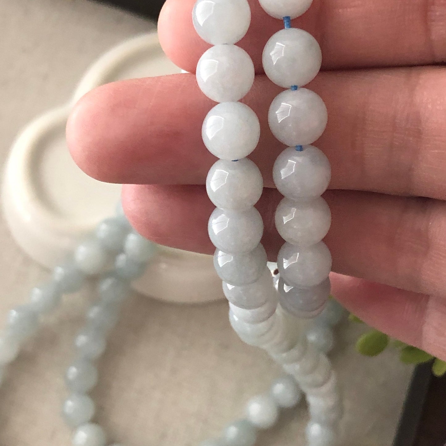 7.6mm Sky Blue Jadeite Jade Bead Bracelet Necklace