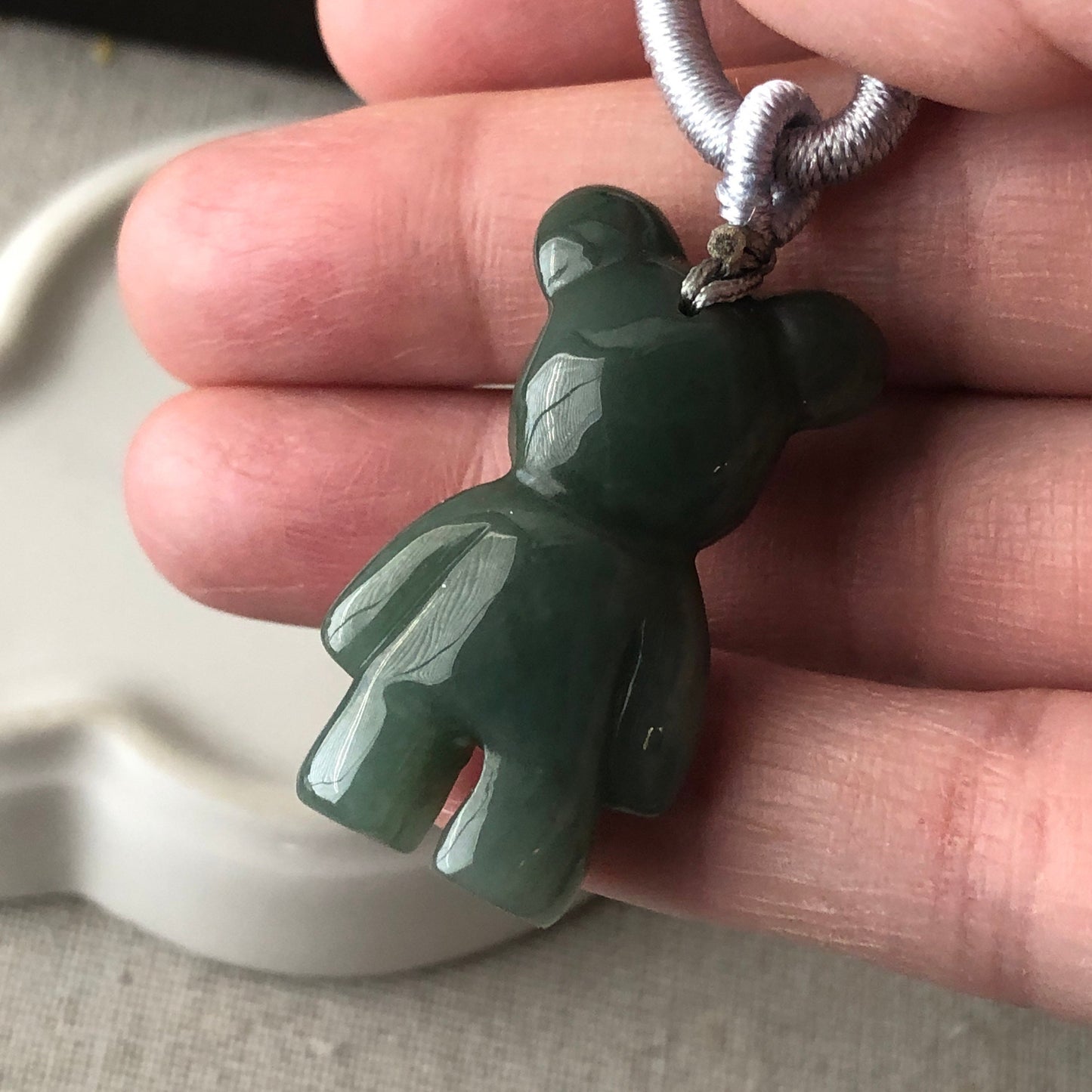33.5mm Green Jadeite Jade Carved 3D Teddy Bear Pendant