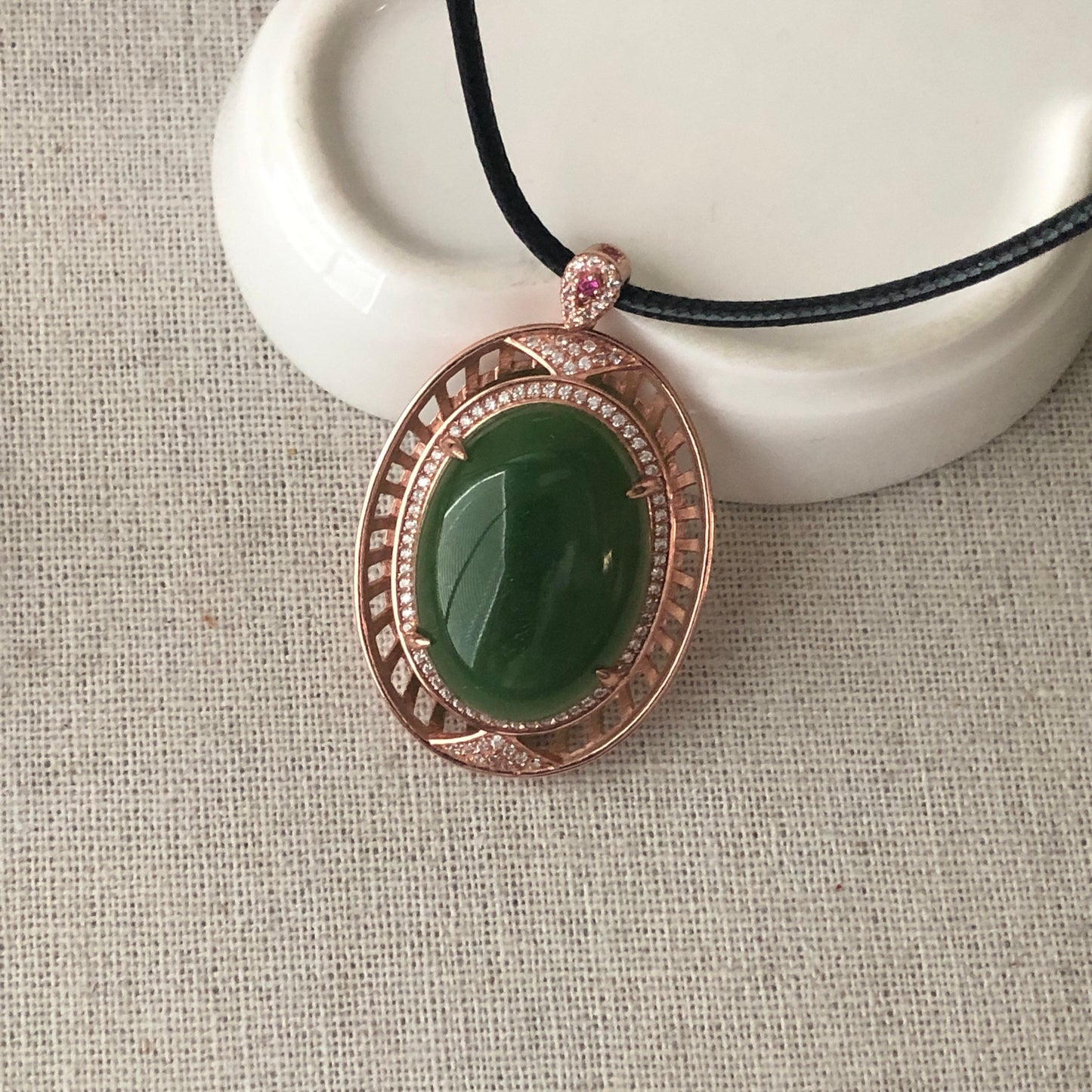 25mm Hetian Jade Green Oval Cabochon Pendant 925 rose gold setting