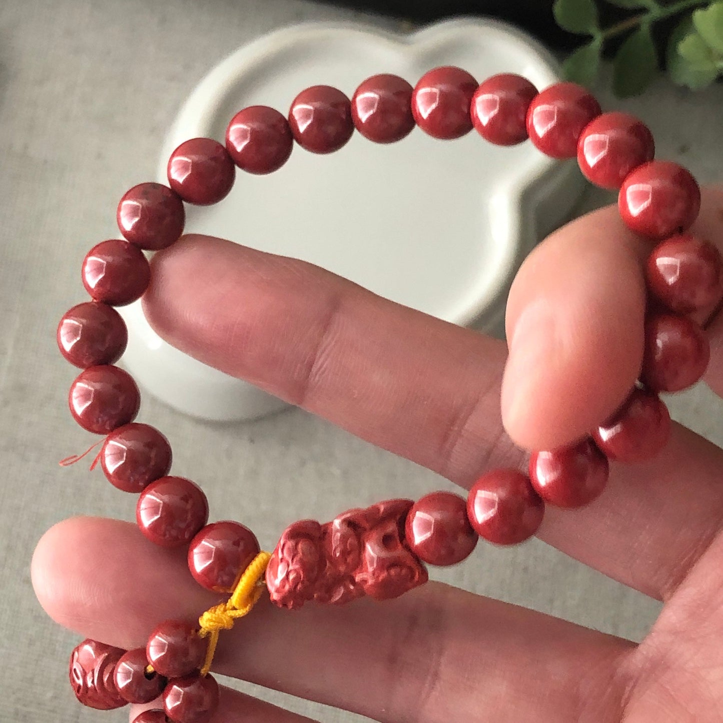 8 mm Cinnabar Bead Bracelet with Carved Pixiu Money Bag Charm