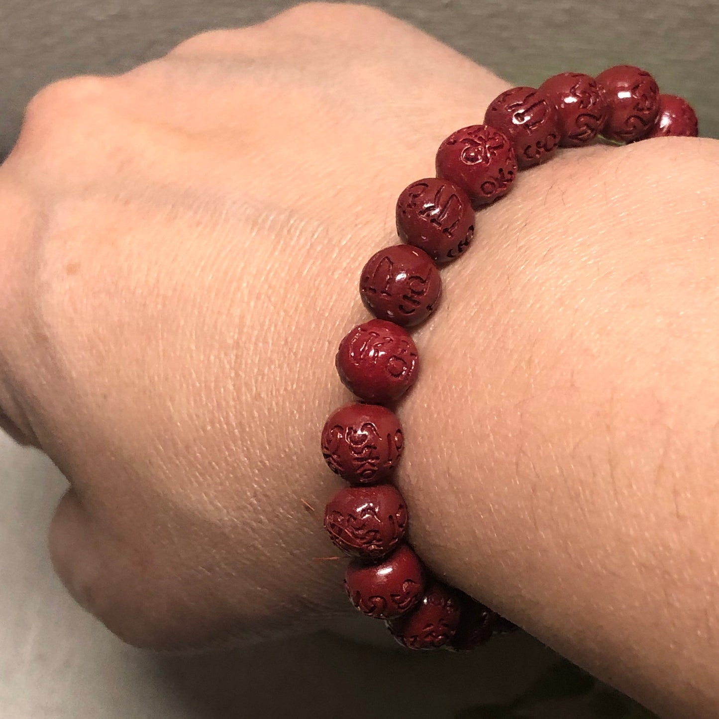 8 mm Cinnabar Bead Bracelet with Carved Six Word Blessings