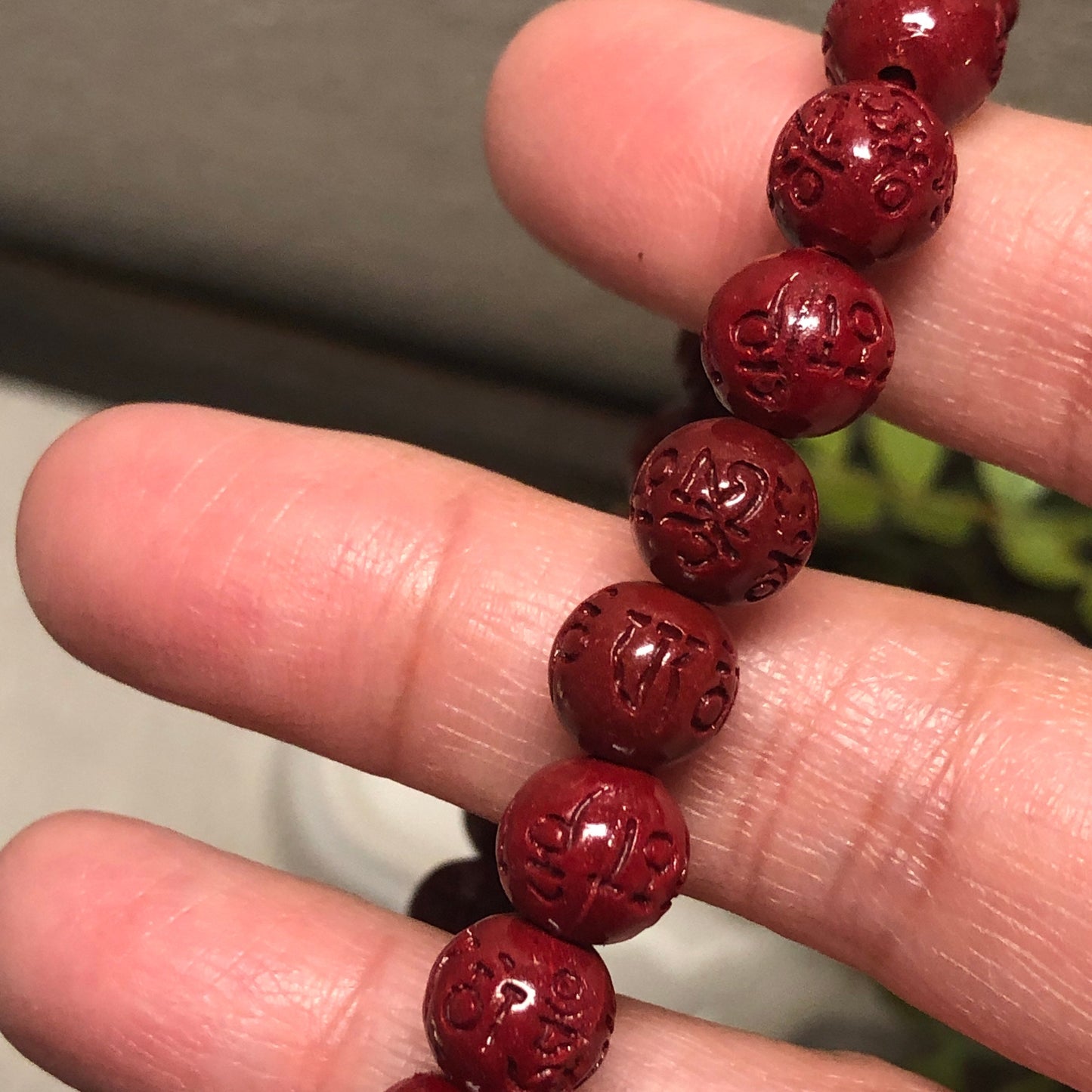 8 mm Cinnabar Bead Bracelet with Carved Six Word Blessings