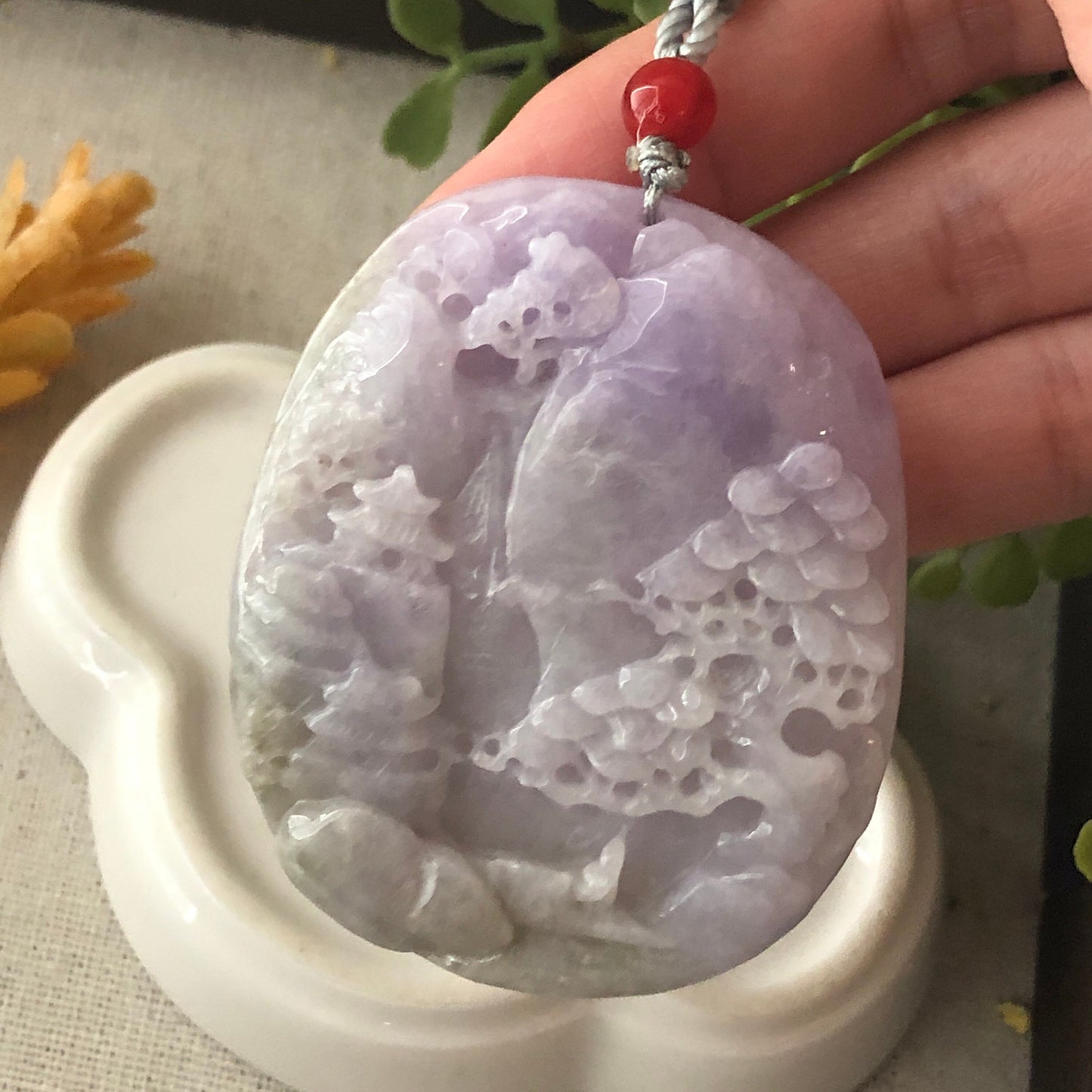 56.4mm Jadeite Jade Lavender Carved Landscape Scenery Pendant