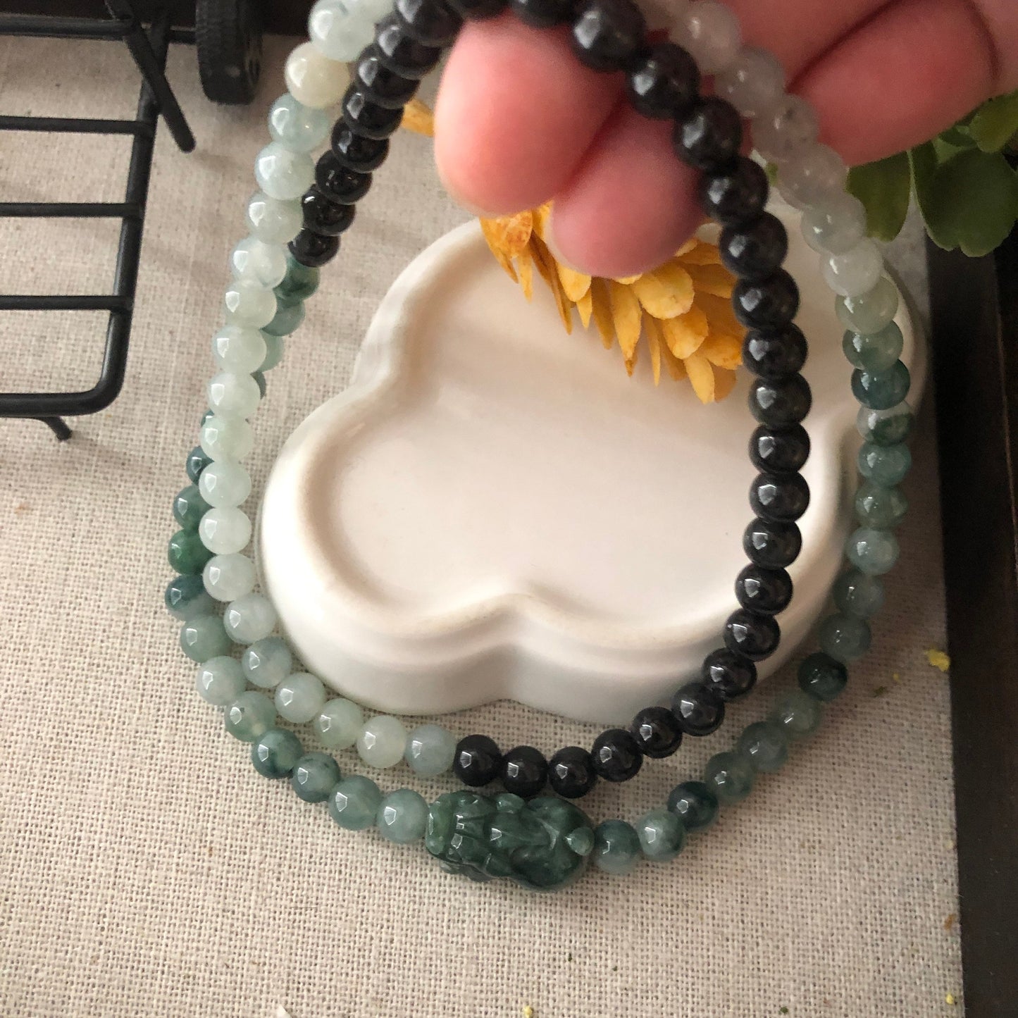 6mm Tri Color Gradient Jade Jadeite Pixiu Round Bead Necklace Bracelet