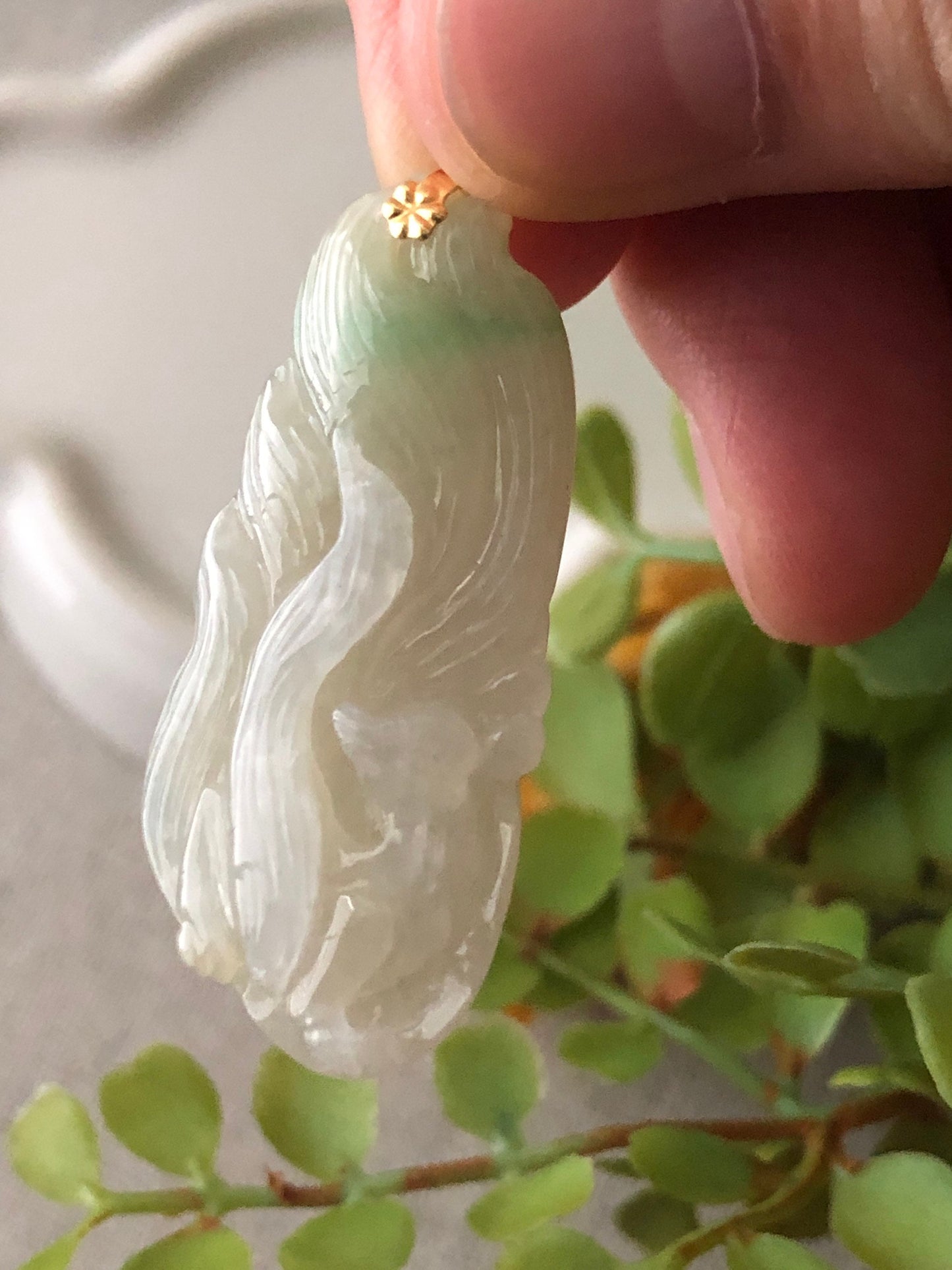 18K Yellow Gold Icy Yellow Green Carved Fox Tail Jadeite Jade Pendant