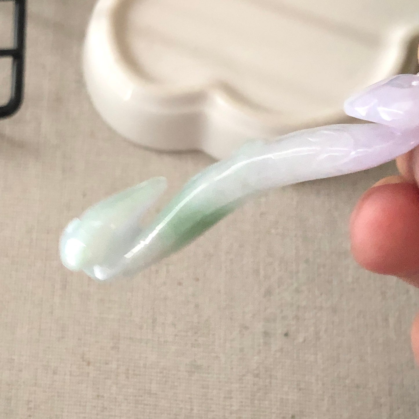 56.8 mm Icy Lavender Green Jadeite Jade Carved Duo Ruyi Pendant