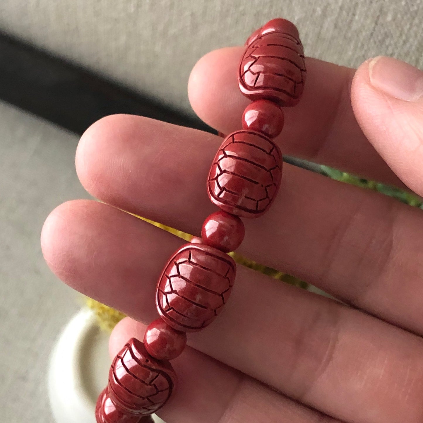 13 mm Cinnabar Bead Bracelet with Carved Turtle Shell