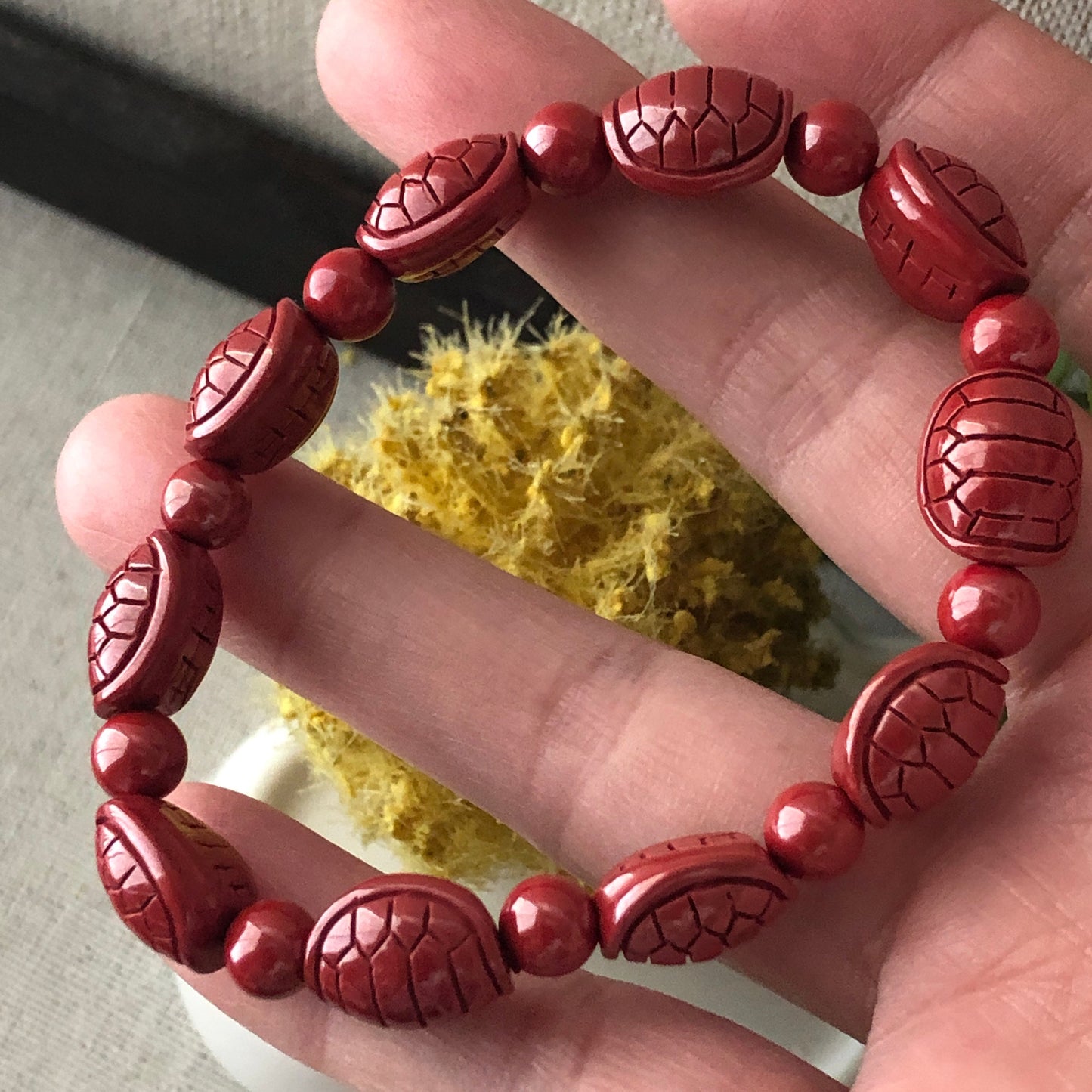 13 mm Cinnabar Bead Bracelet with Carved Turtle Shell