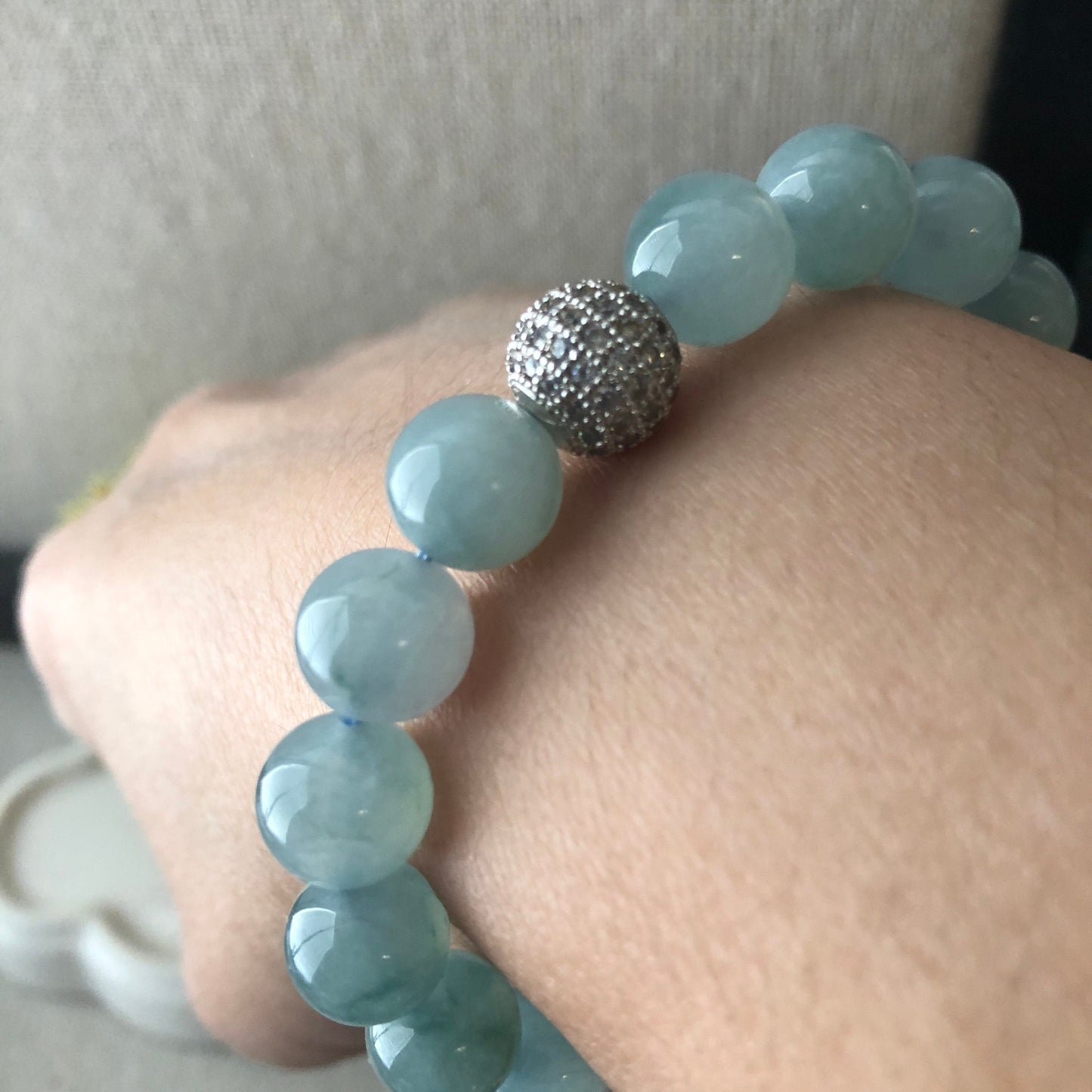 RARE 10mm Icy Glutinous Moist Blue Green Float Flowers Jadeite Jade Bead Bracelet