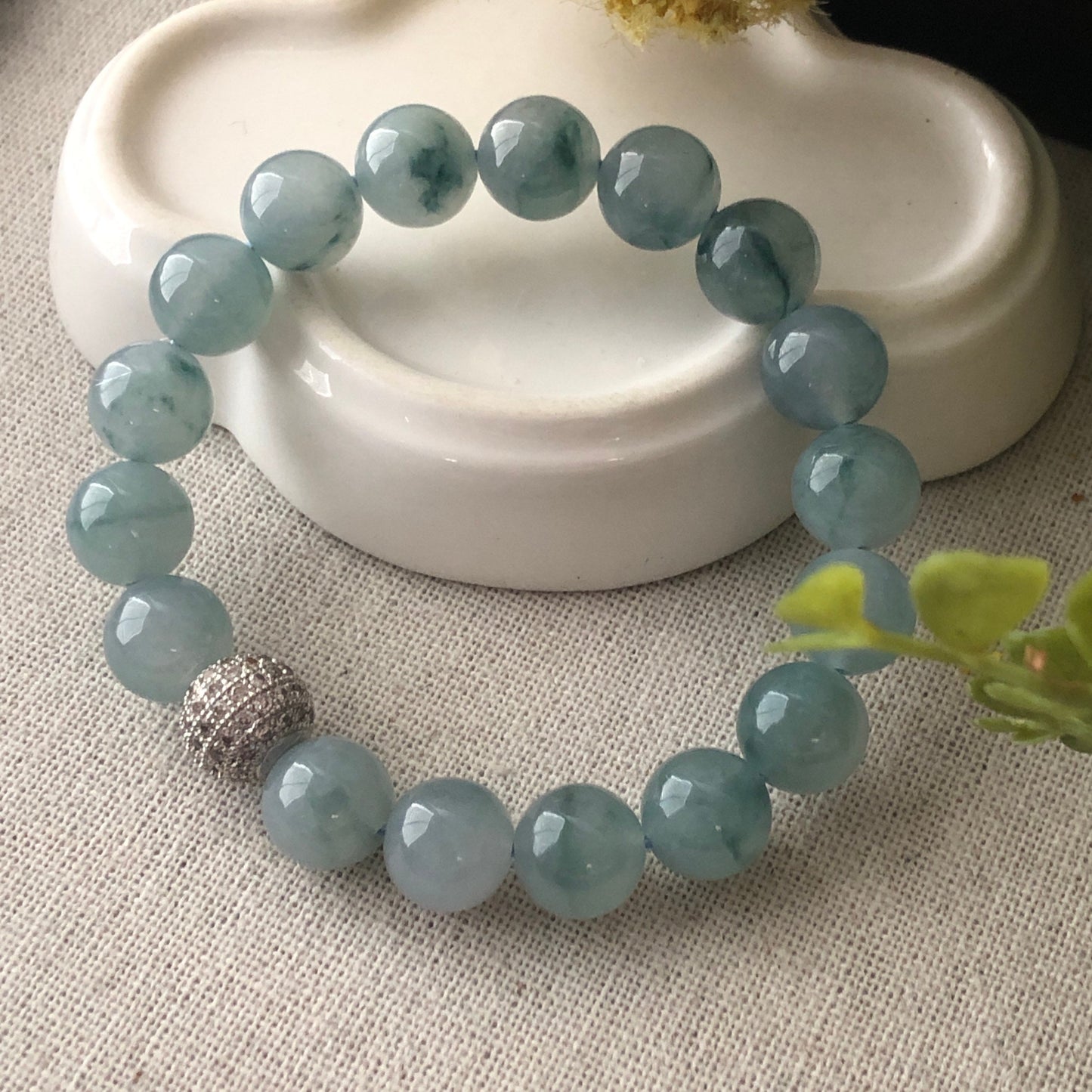 RARE 10mm Icy Glutinous Moist Blue Green Float Flowers Jadeite Jade Bead Bracelet
