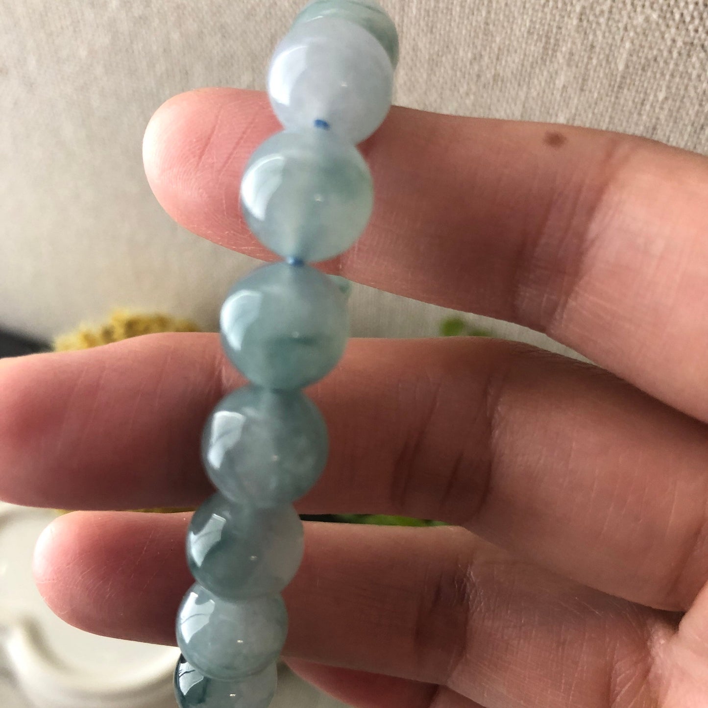 RARE 10mm Icy Glutinous Moist Blue Green Float Flowers Jadeite Jade Bead Bracelet