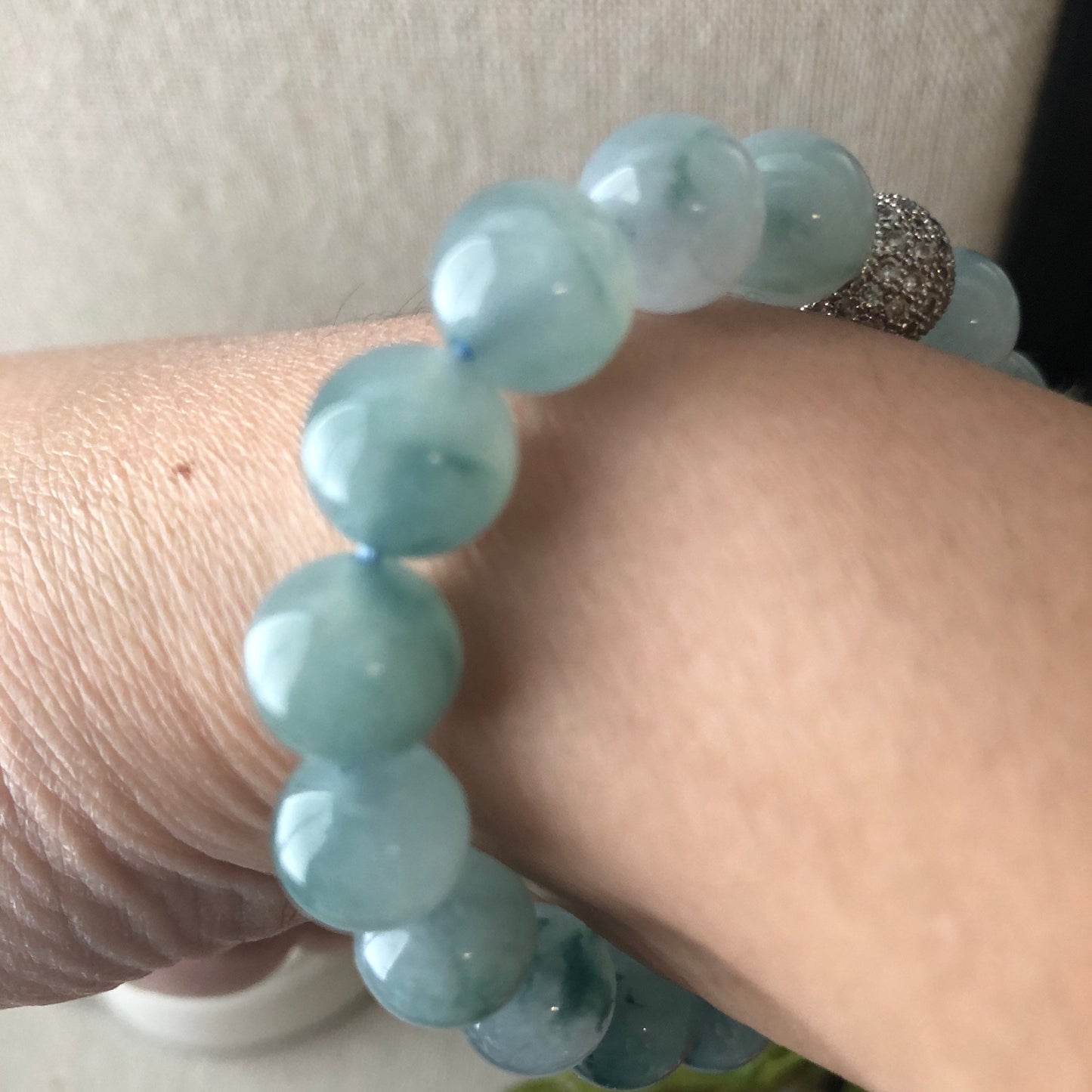 RARE 10mm Icy Glutinous Moist Blue Green Float Flowers Jadeite Jade Bead Bracelet