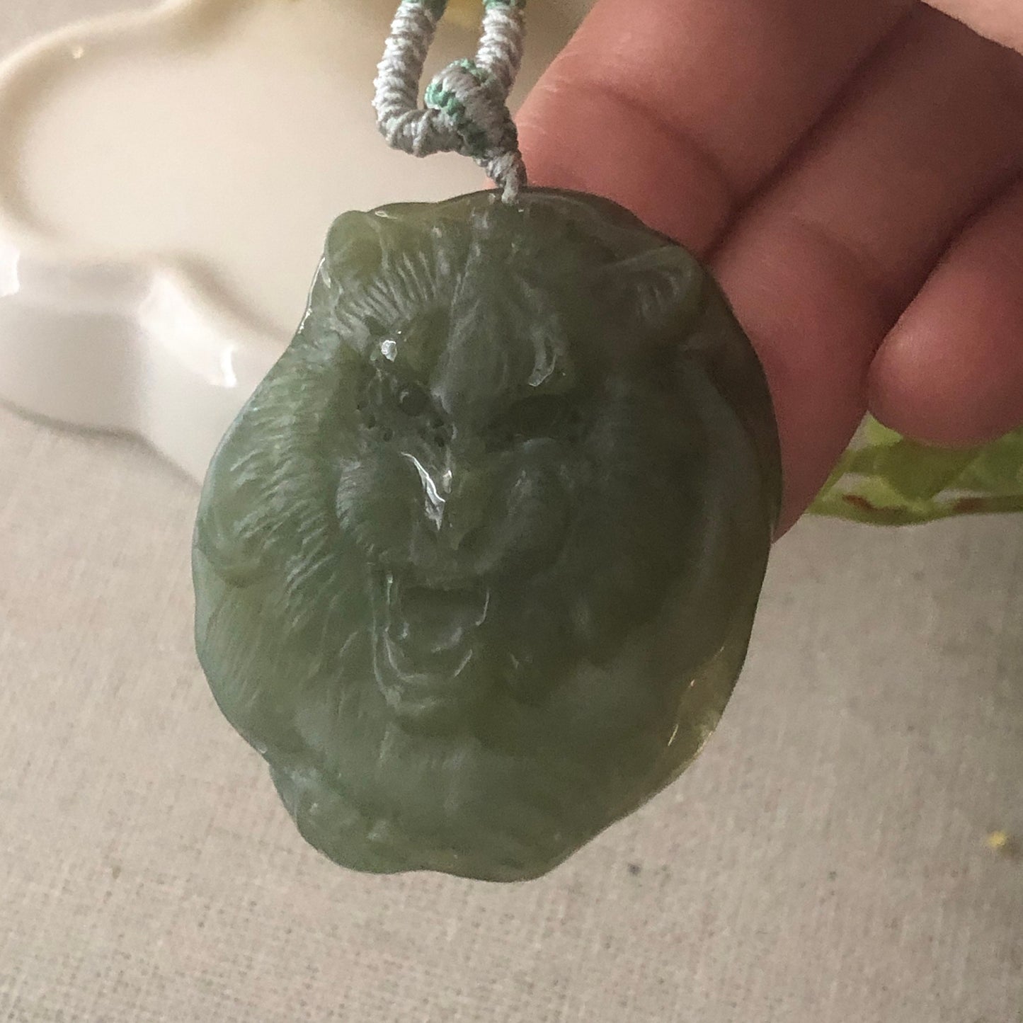 42.7mm Matte Carved Yellow Green Carved Lion Head Pendant