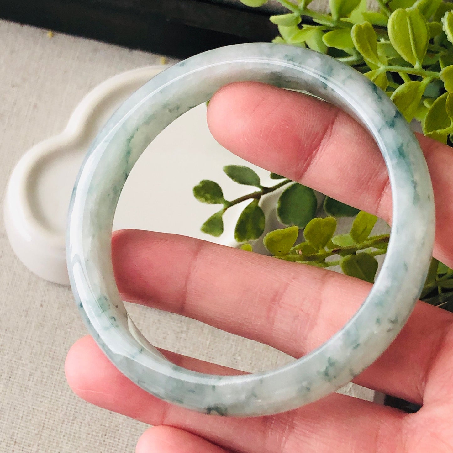 56.5mm Icy Green Float Flowers D-Shaped Jadeite Jade Bangle