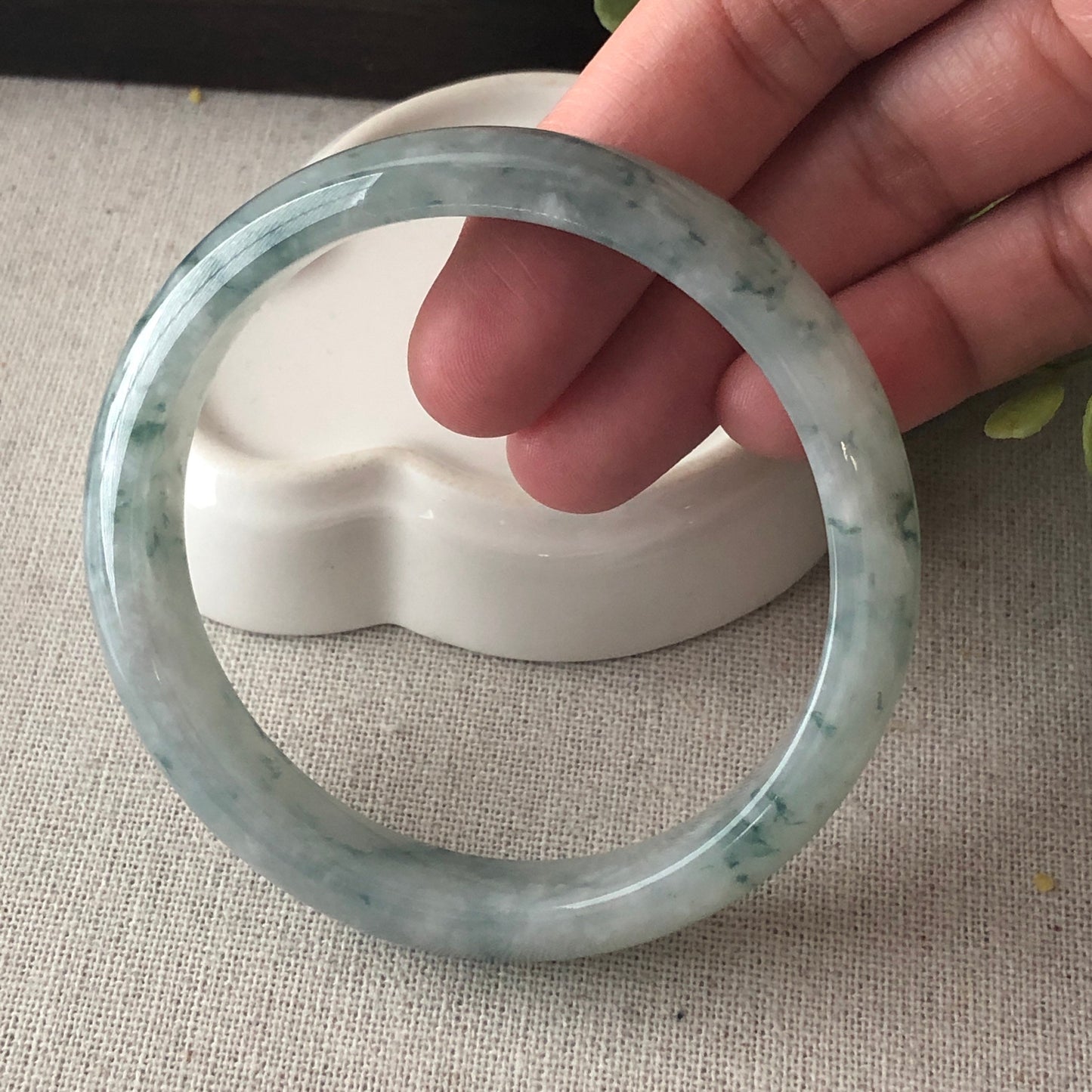 56.5mm Icy Green Float Flowers D-Shaped Jadeite Jade Bangle