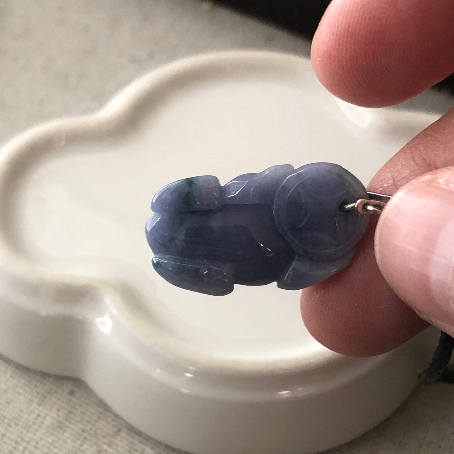 23.1mm Jadeite Jade Carved Pixiu Lavender Float Flowers Pendant Bead 925 silver Bail