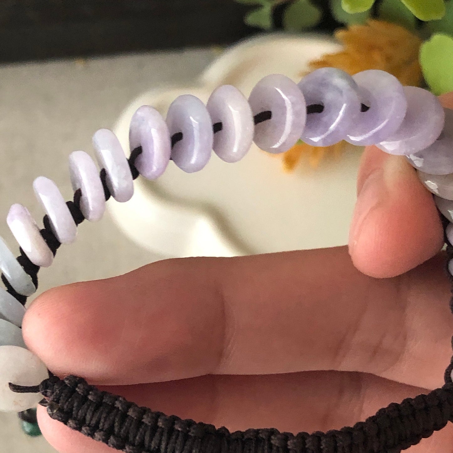 8.7 mm Jadeite Jade Icy Tint Lavender Peace Donut Bead Bracelet