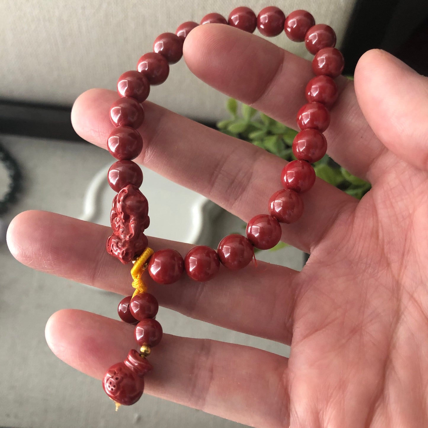 8 mm Cinnabar Bead Bracelet with Carved Pixiu Money Bag Charm
