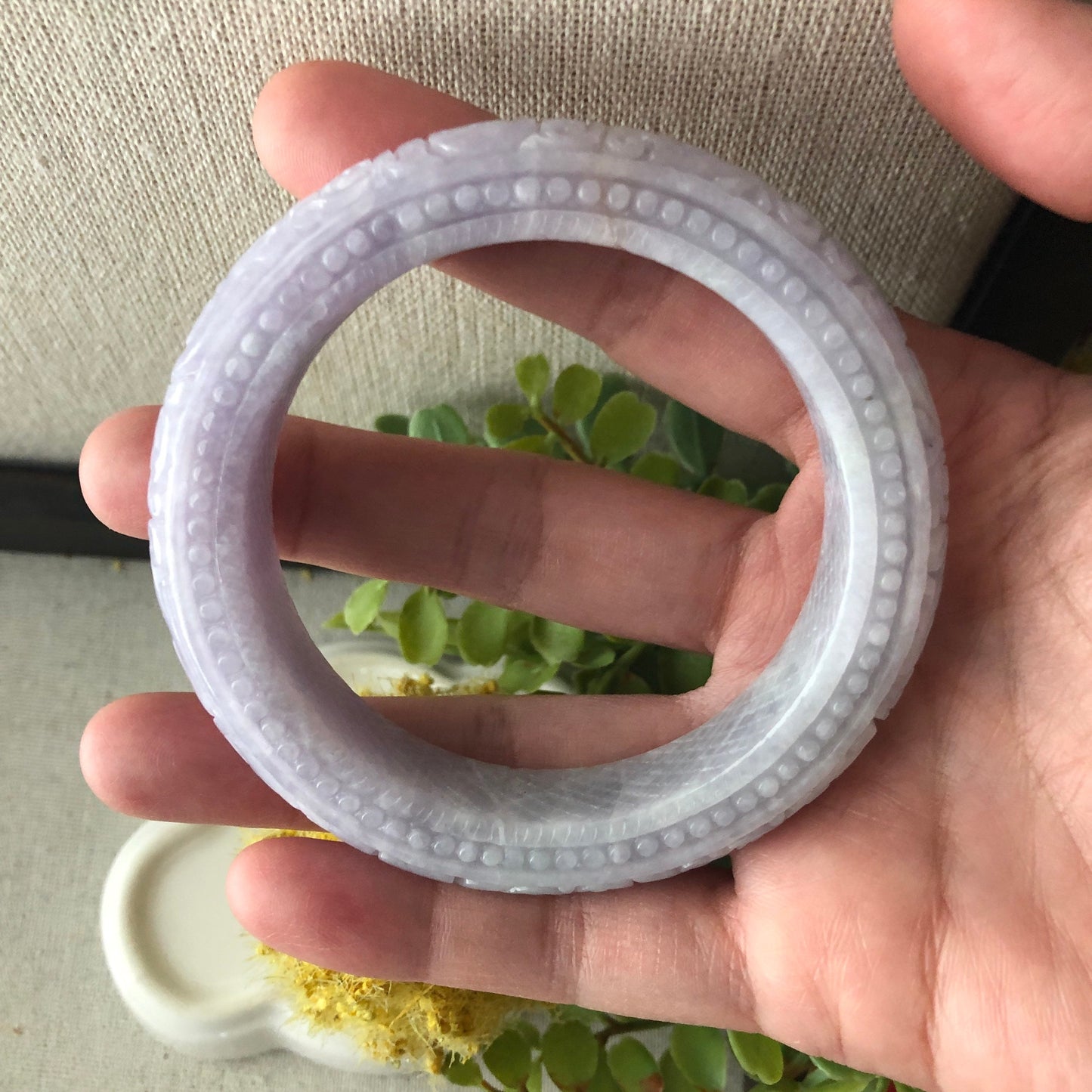 56mm Tint Lavender Carved Ruyi Flowers Jadeite Jade Bangle