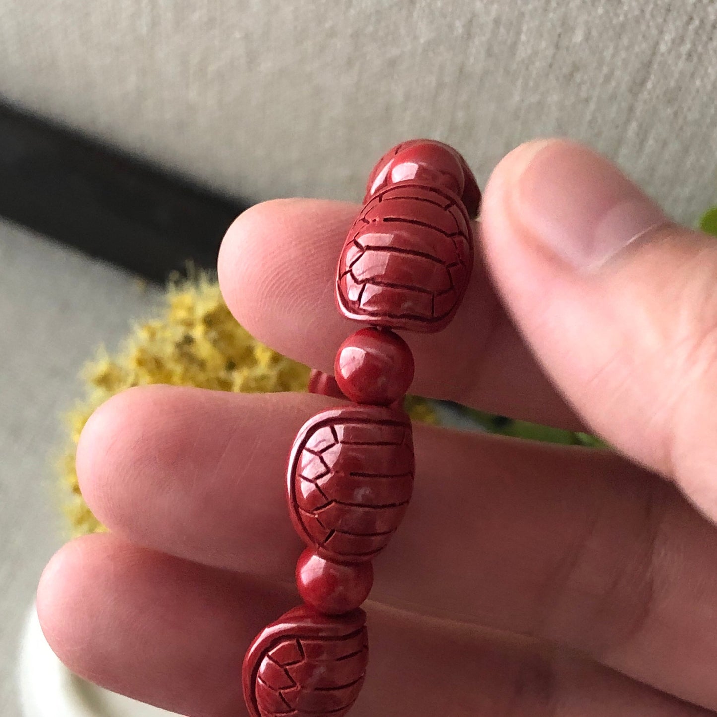 13 mm Cinnabar Bead Bracelet with Carved Turtle Shell