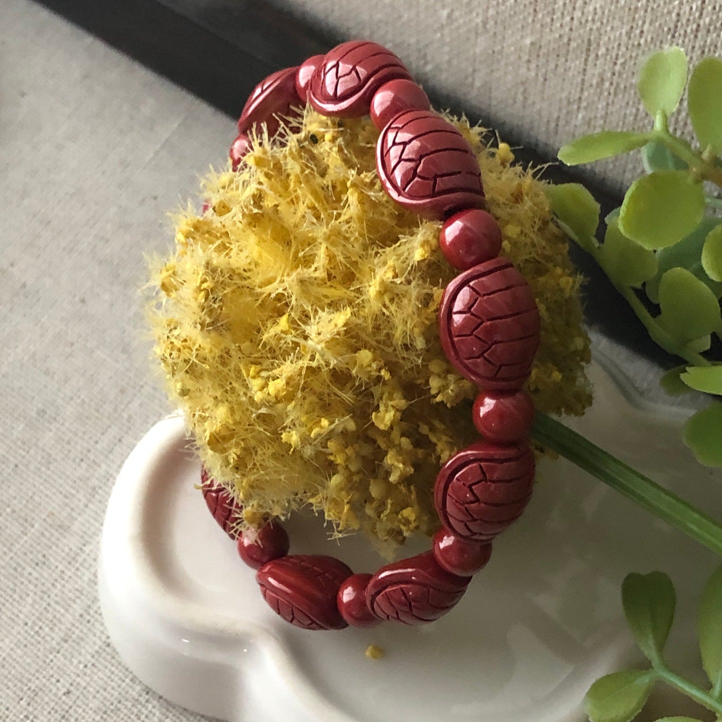 13 mm Cinnabar Bead Bracelet with Carved Turtle Shell