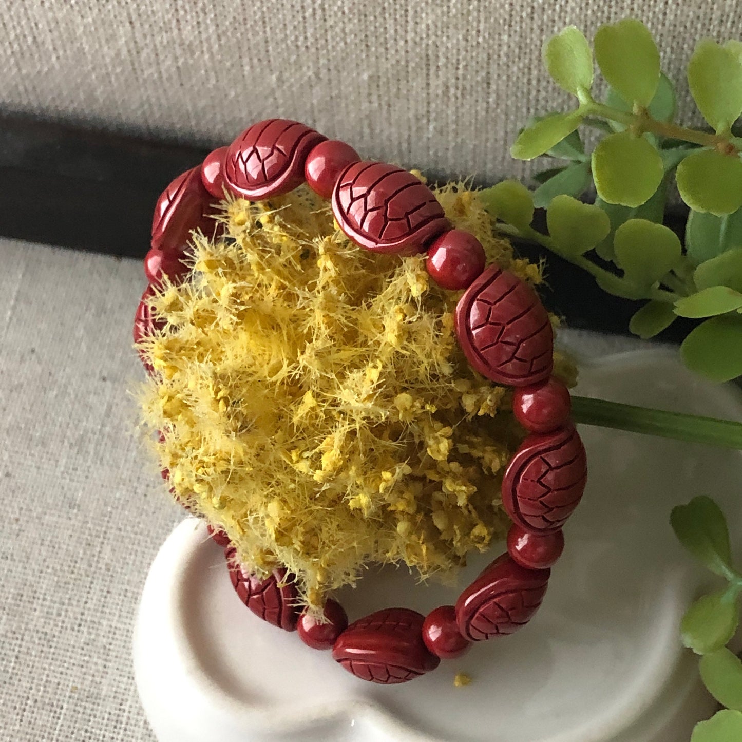 13 mm Cinnabar Bead Bracelet with Carved Turtle Shell