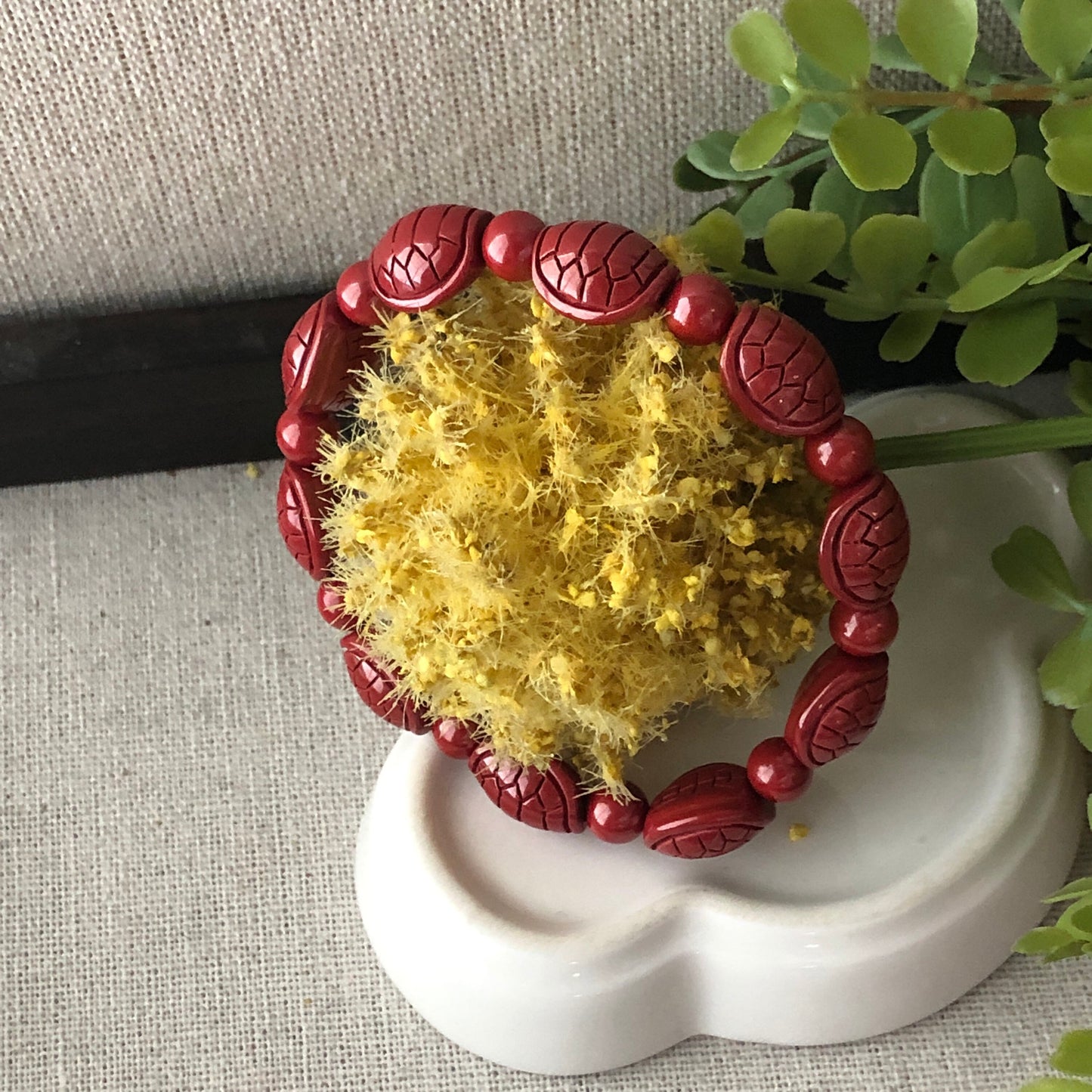 13 mm Cinnabar Bead Bracelet with Carved Turtle Shell