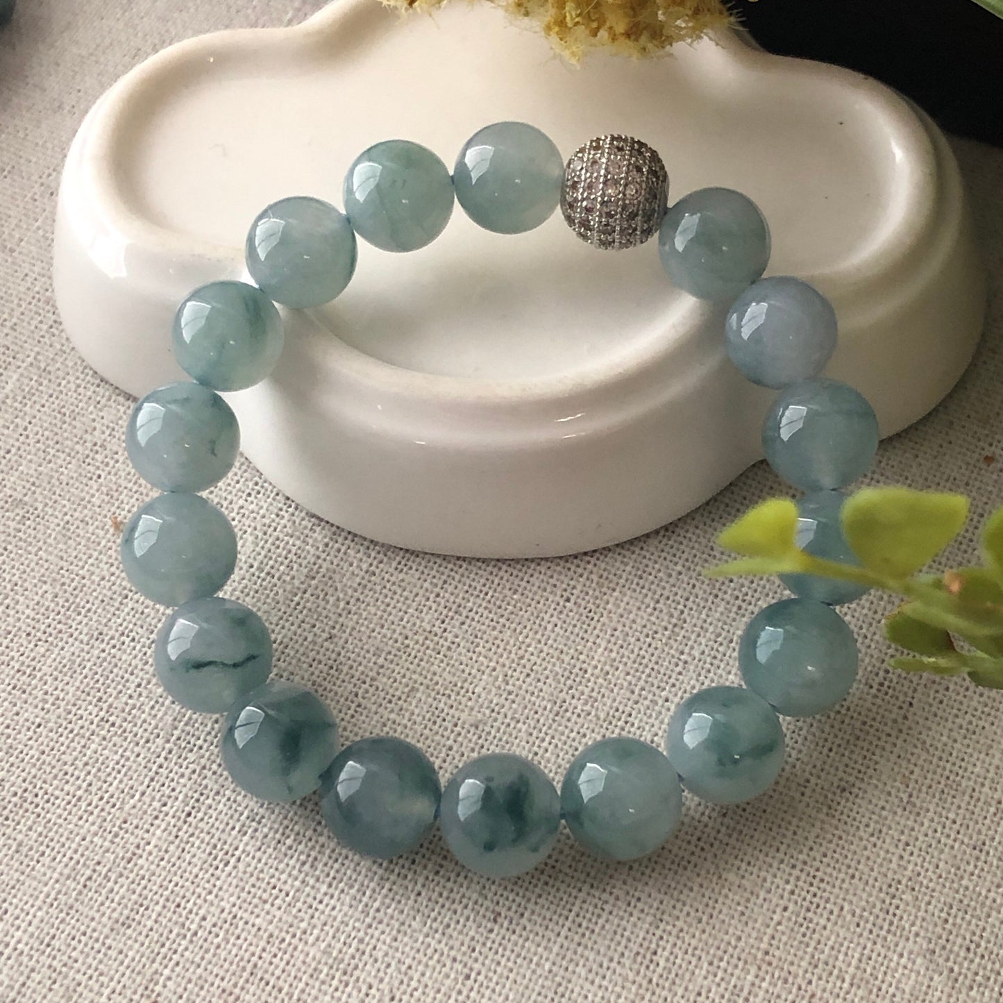 RARE 10mm Icy Glutinous Moist Blue Green Float Flowers Jadeite Jade Bead Bracelet