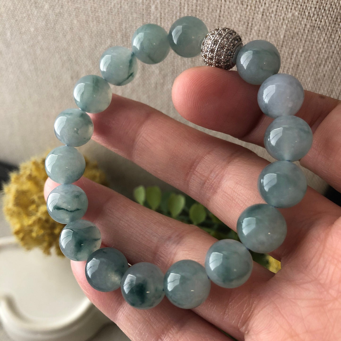 RARE 10mm Icy Glutinous Moist Blue Green Float Flowers Jadeite Jade Bead Bracelet