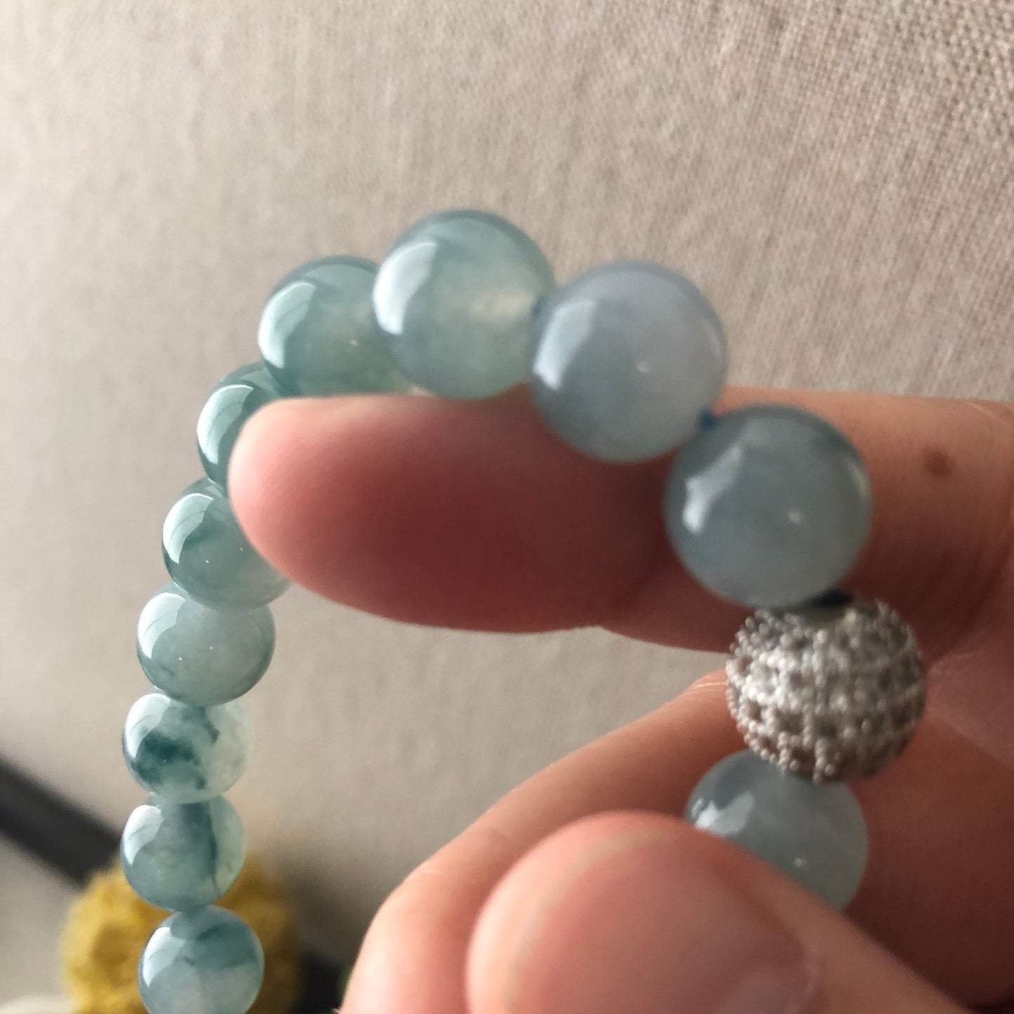 RARE 10mm Icy Glutinous Moist Blue Green Float Flowers Jadeite Jade Bead Bracelet