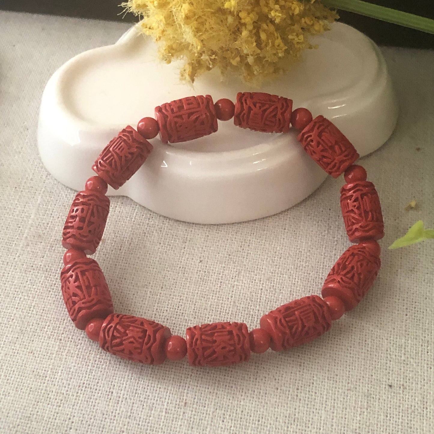 13.5 mm Cinnabar Bead Bracelet with Carved Word Blessings