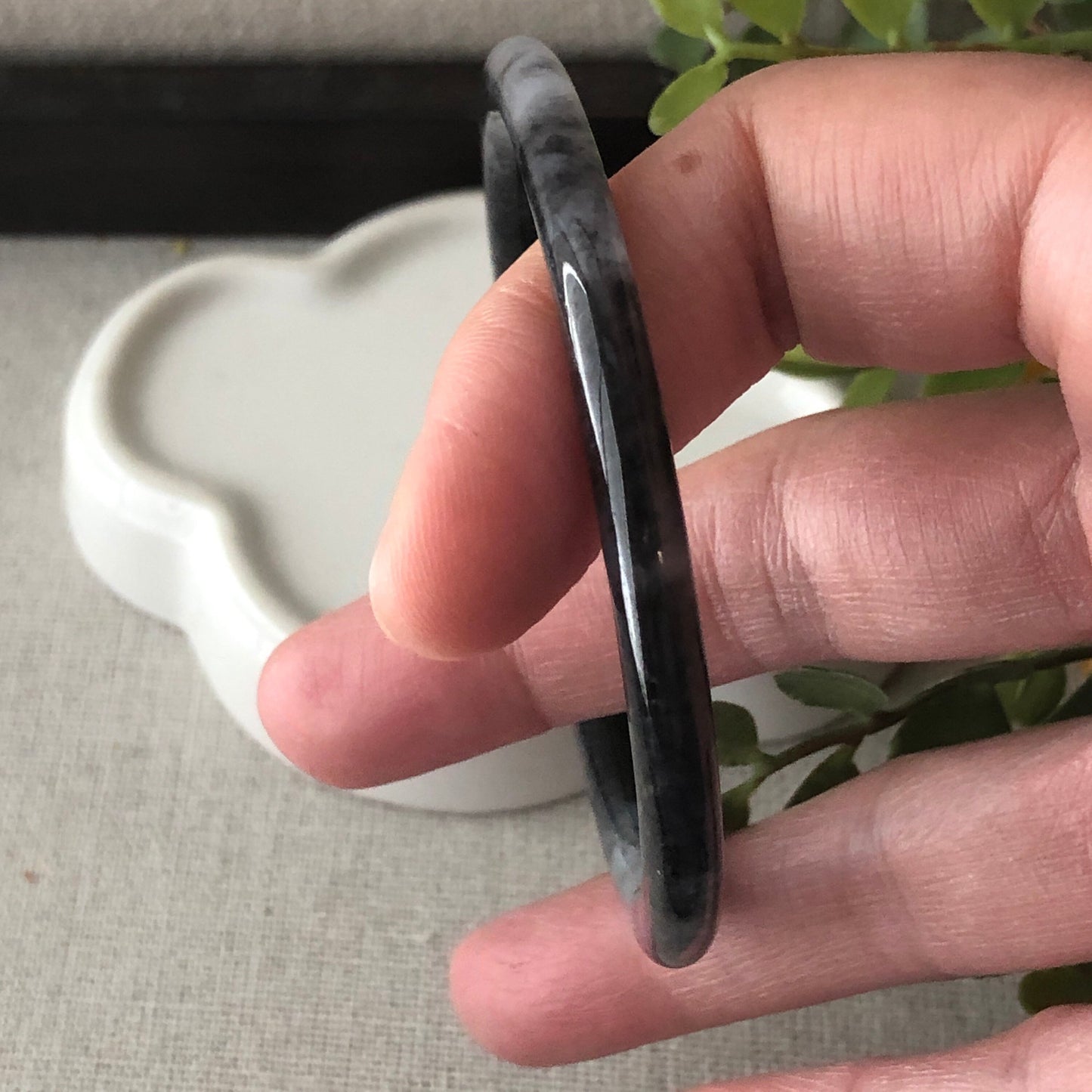 55.4mm Icy Wuji Black Slim Jadeite Jade Bangle