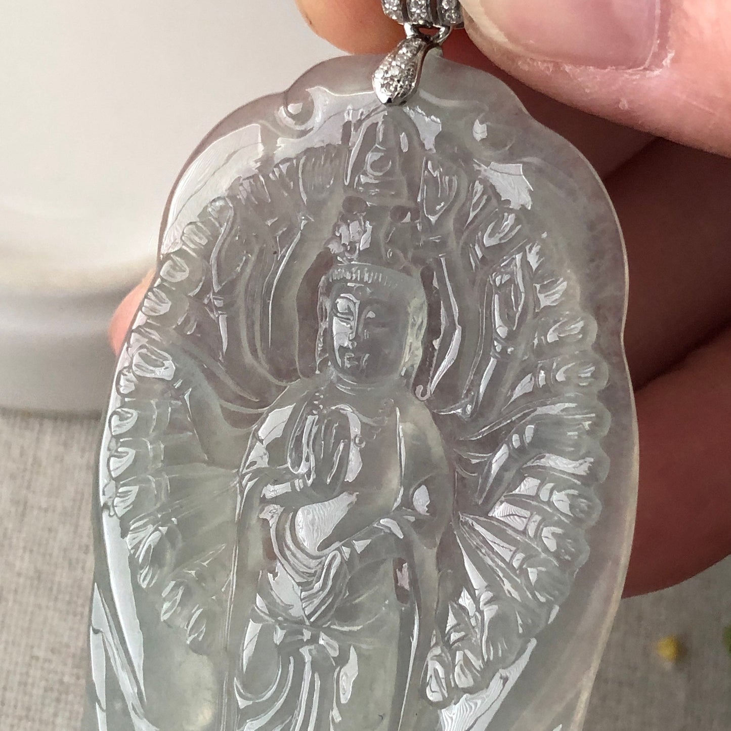 63 mm High Icy Tint Green Thousand Hands Guanyin Pendant