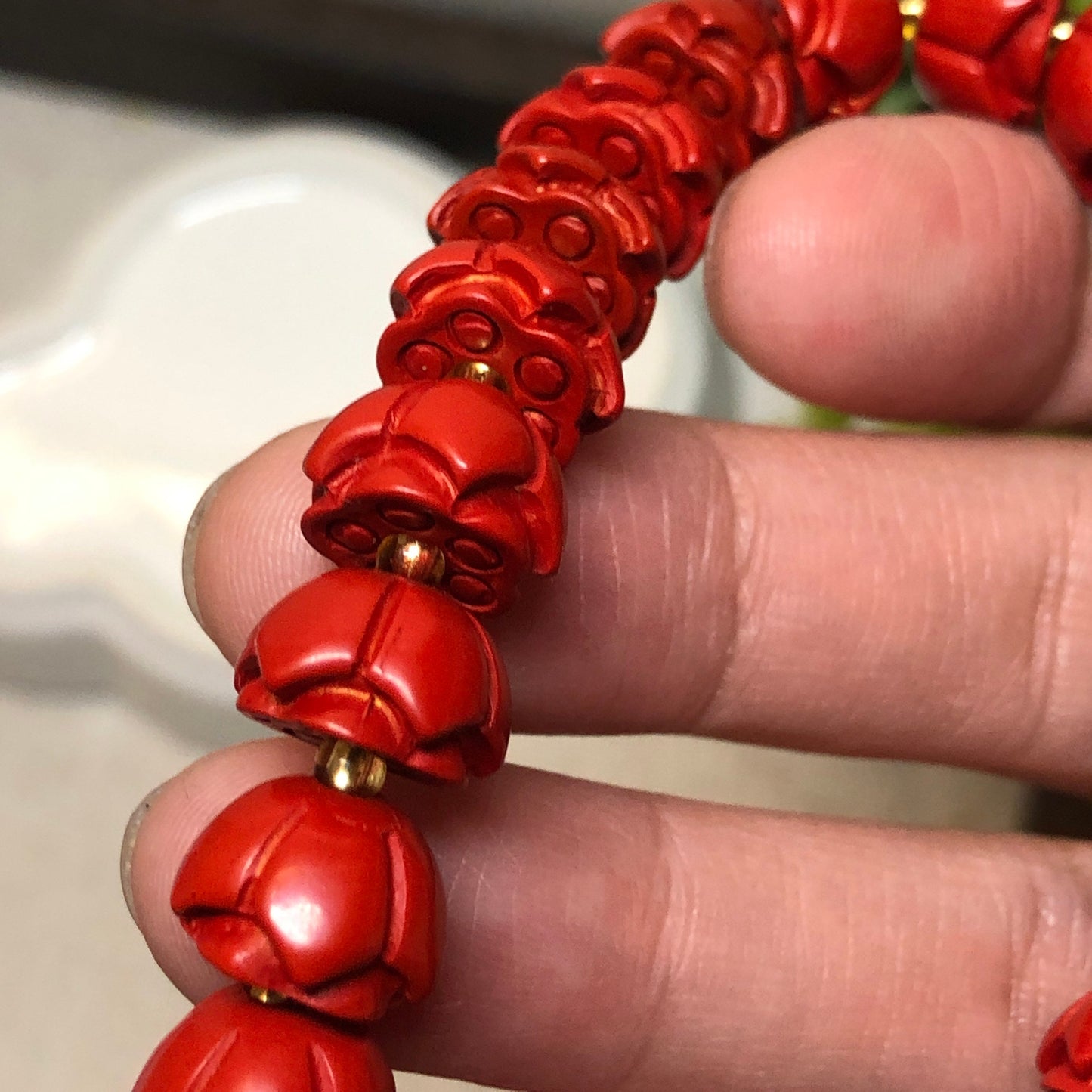 11 mm Cinnabar Red Carved Rose Bead Bracelet