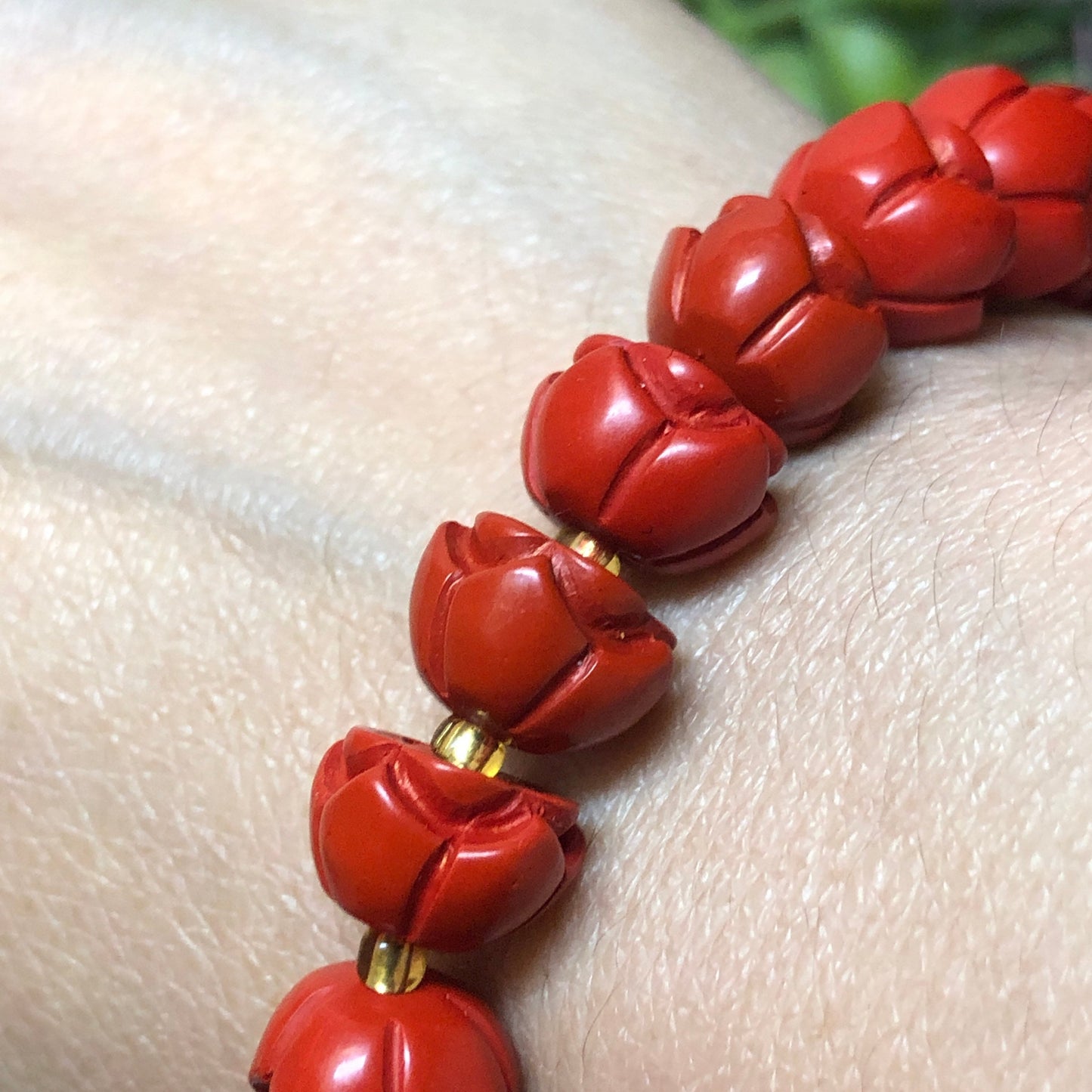 11 mm Cinnabar Red Carved Rose Bead Bracelet