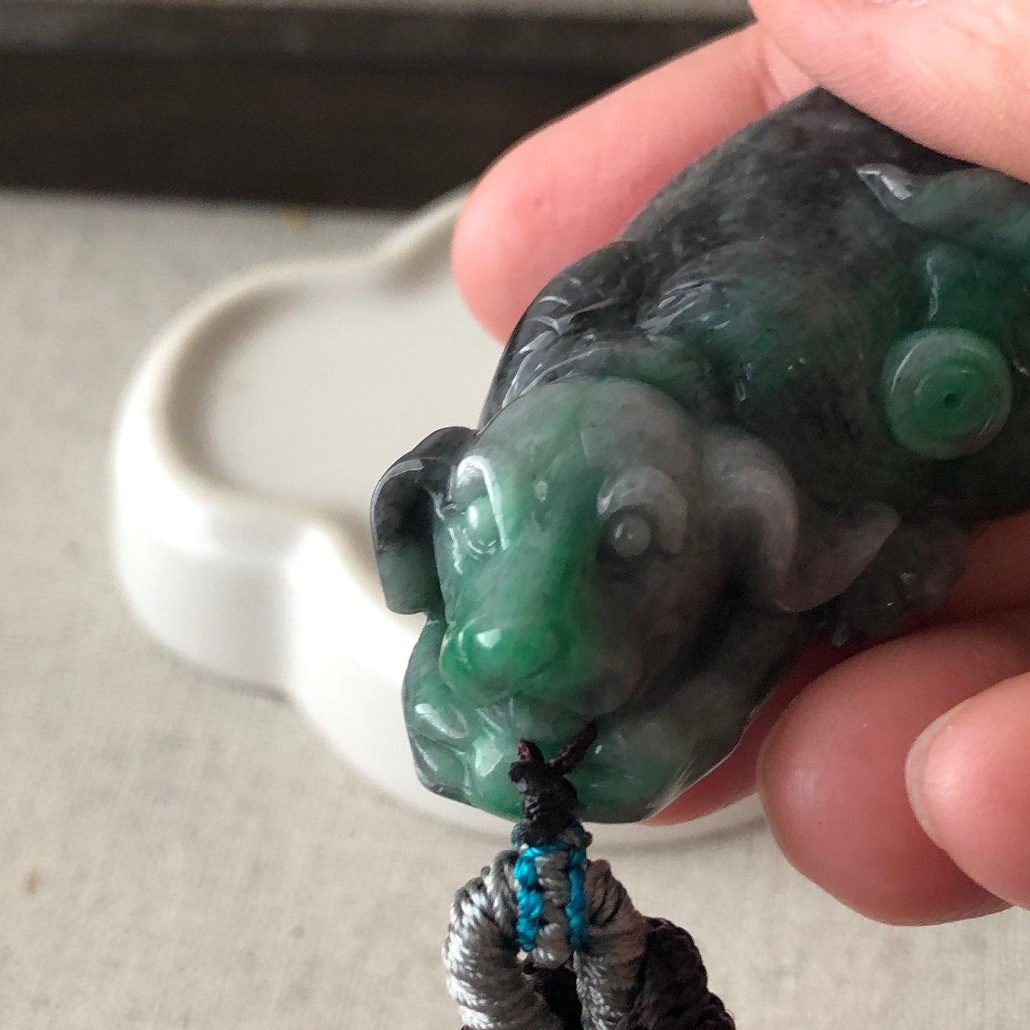 49mm Jadeite Jade Green Wuji Black Carved Dog Pendant