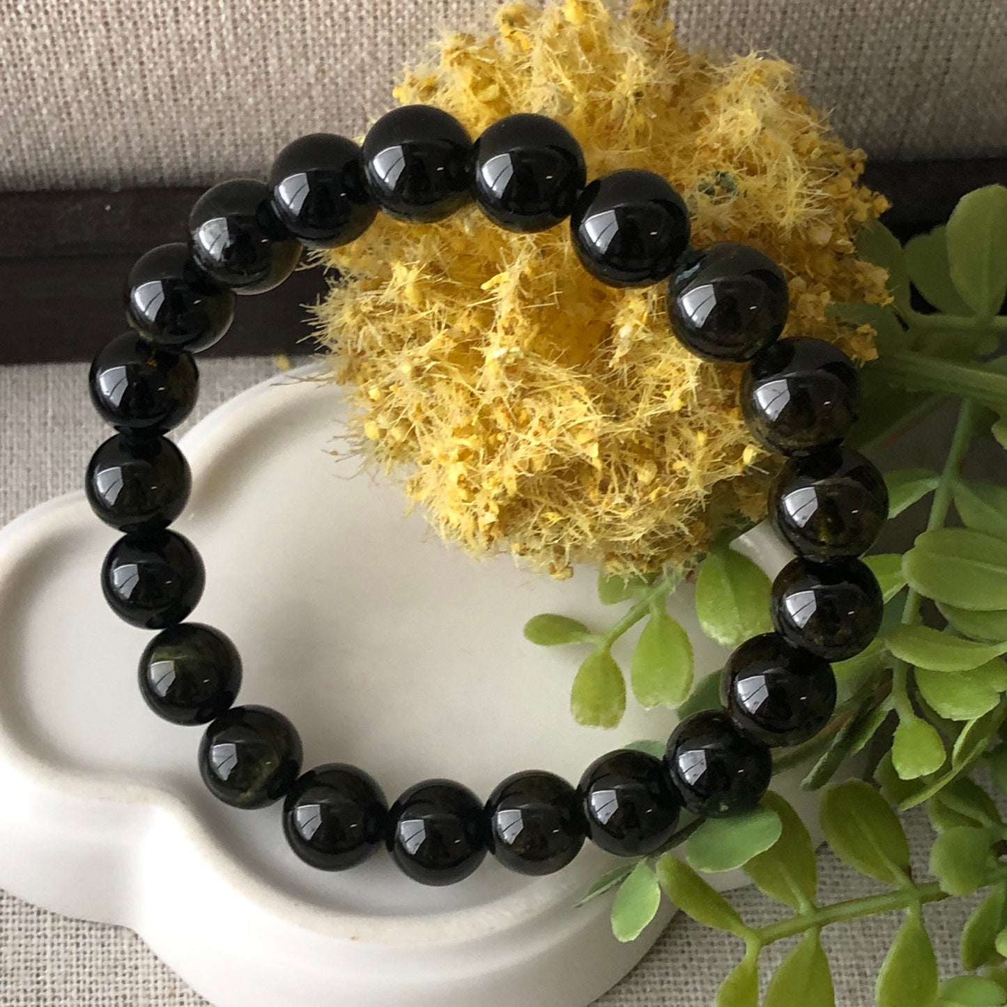 10 mm Natural Black Yellow Green Quartz Bracelet