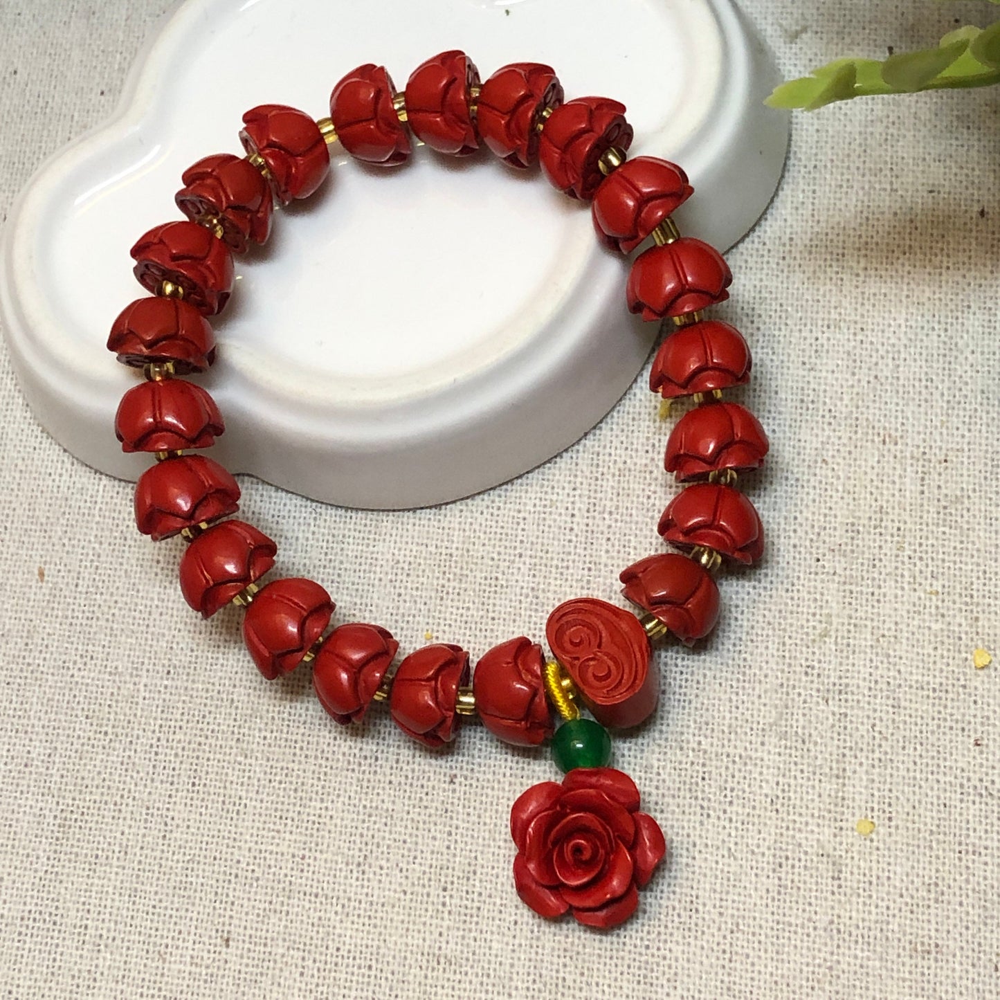 11 mm Cinnabar Red Carved Rose Bead Bracelet