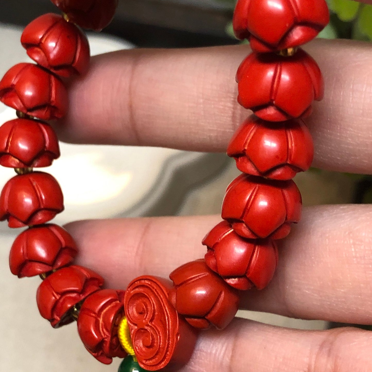 11 mm Cinnabar Red Carved Rose Bead Bracelet