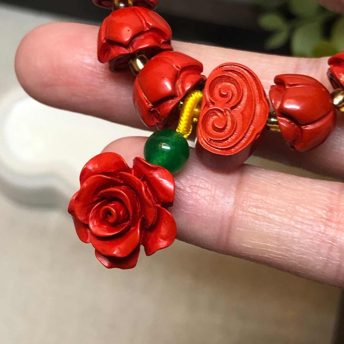 11 mm Cinnabar Red Carved Rose Bead Bracelet