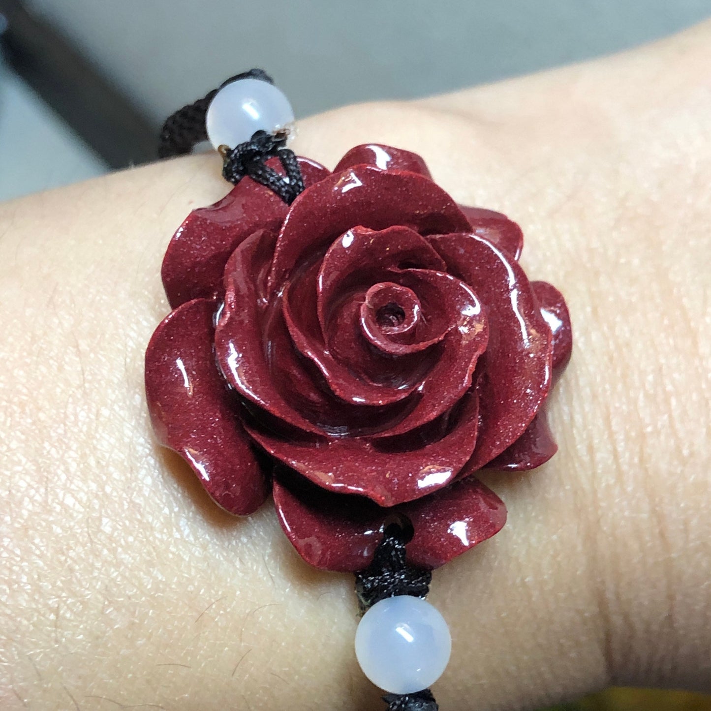30 mm Cinnabar Dark Lavender Red Carved Rose Bracelet