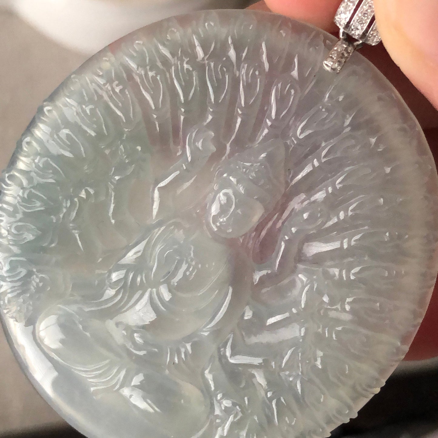 50 mm High Icy Tint Green Thousand Hands Guanyin Pendant