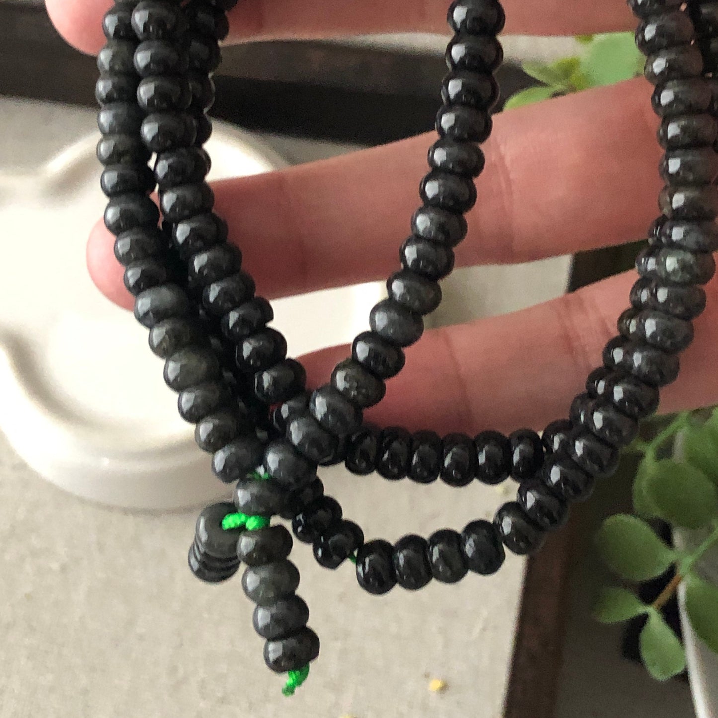 5.8mm Wuji Black Grey Jadeite Jade Flat Round Bead Bracelet Necklace
