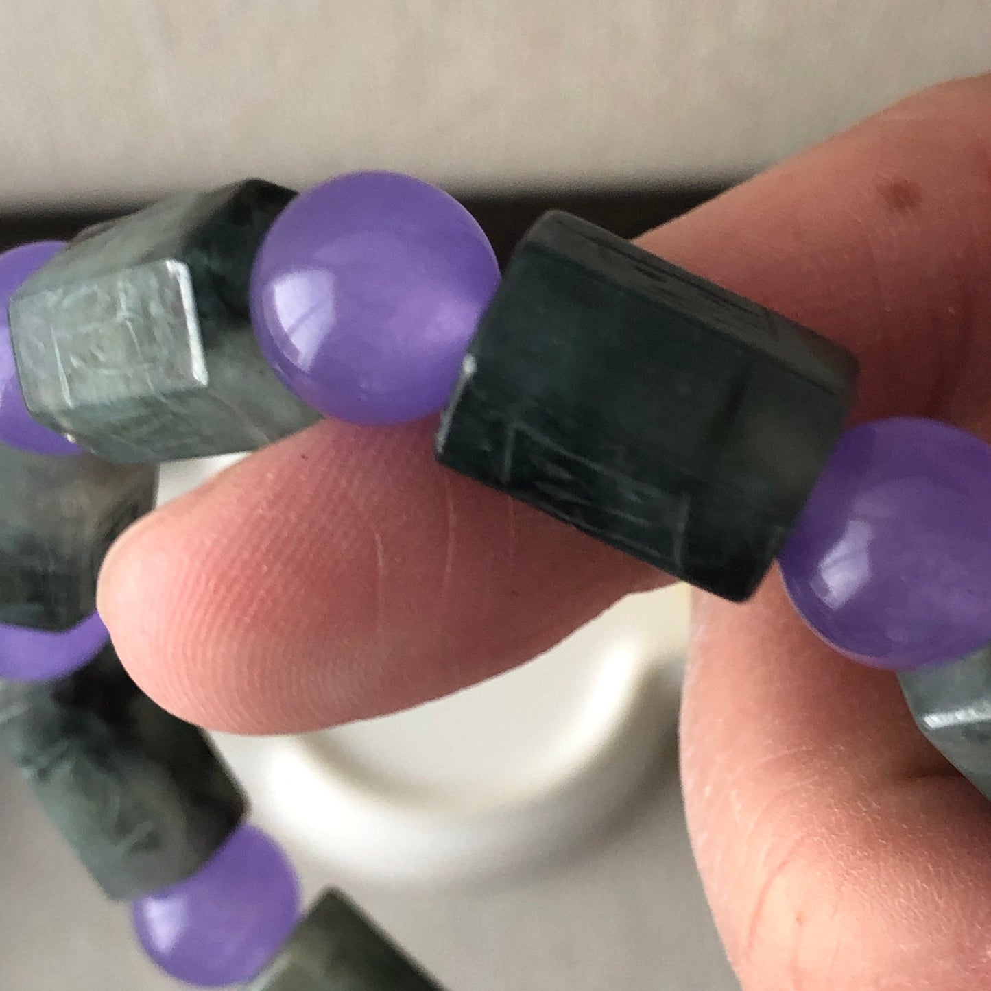 10x14.7mm Green Water Lake Jadeite Jade Six Word Carved Blessing Bead Bracelet
