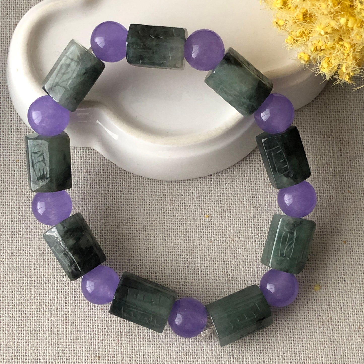 10x14.7mm Green Water Lake Jadeite Jade Six Word Carved Blessing Bead Bracelet