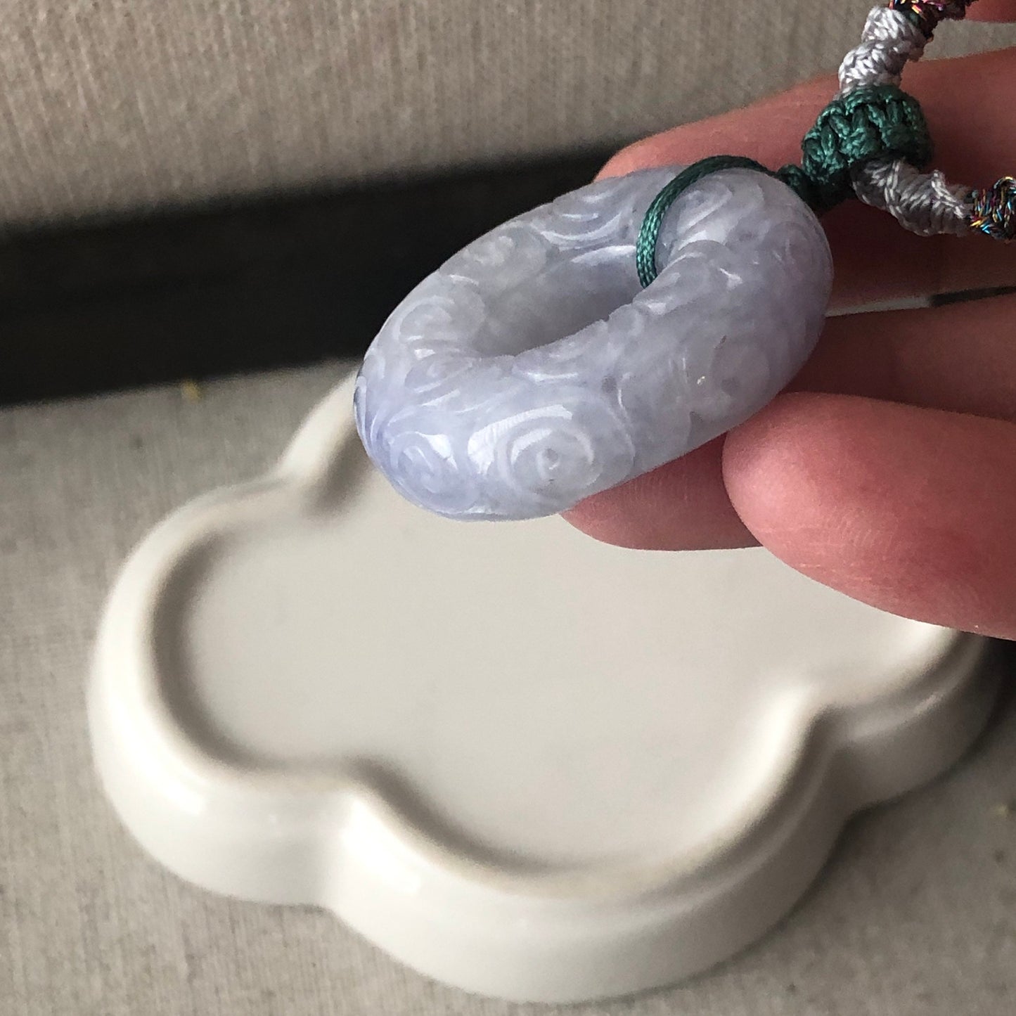 31mm Jadeite Jade Icy Lavender Carved Peace Donut Pendant