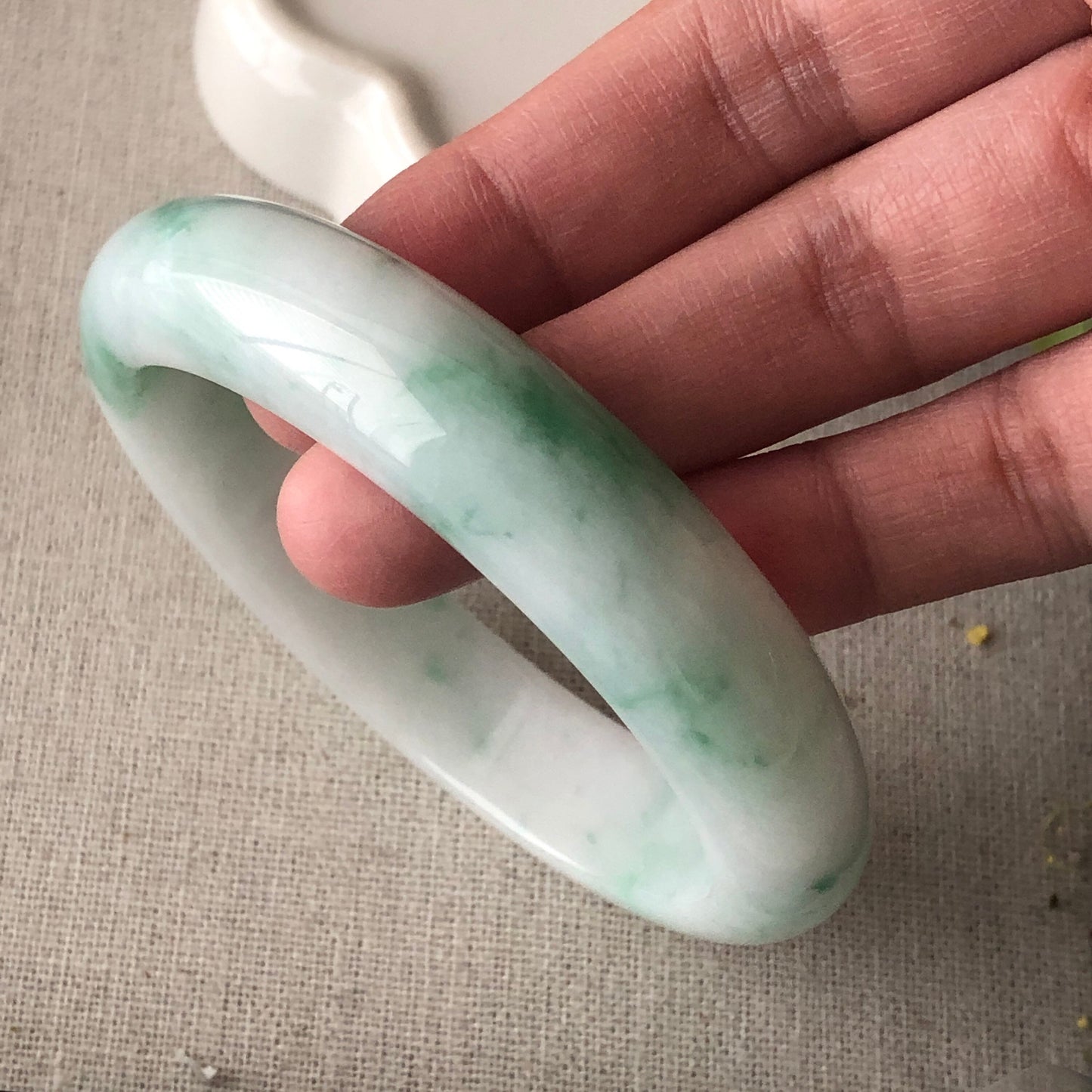 57.5mm White Green Flowers Jadeite Jade Bangle