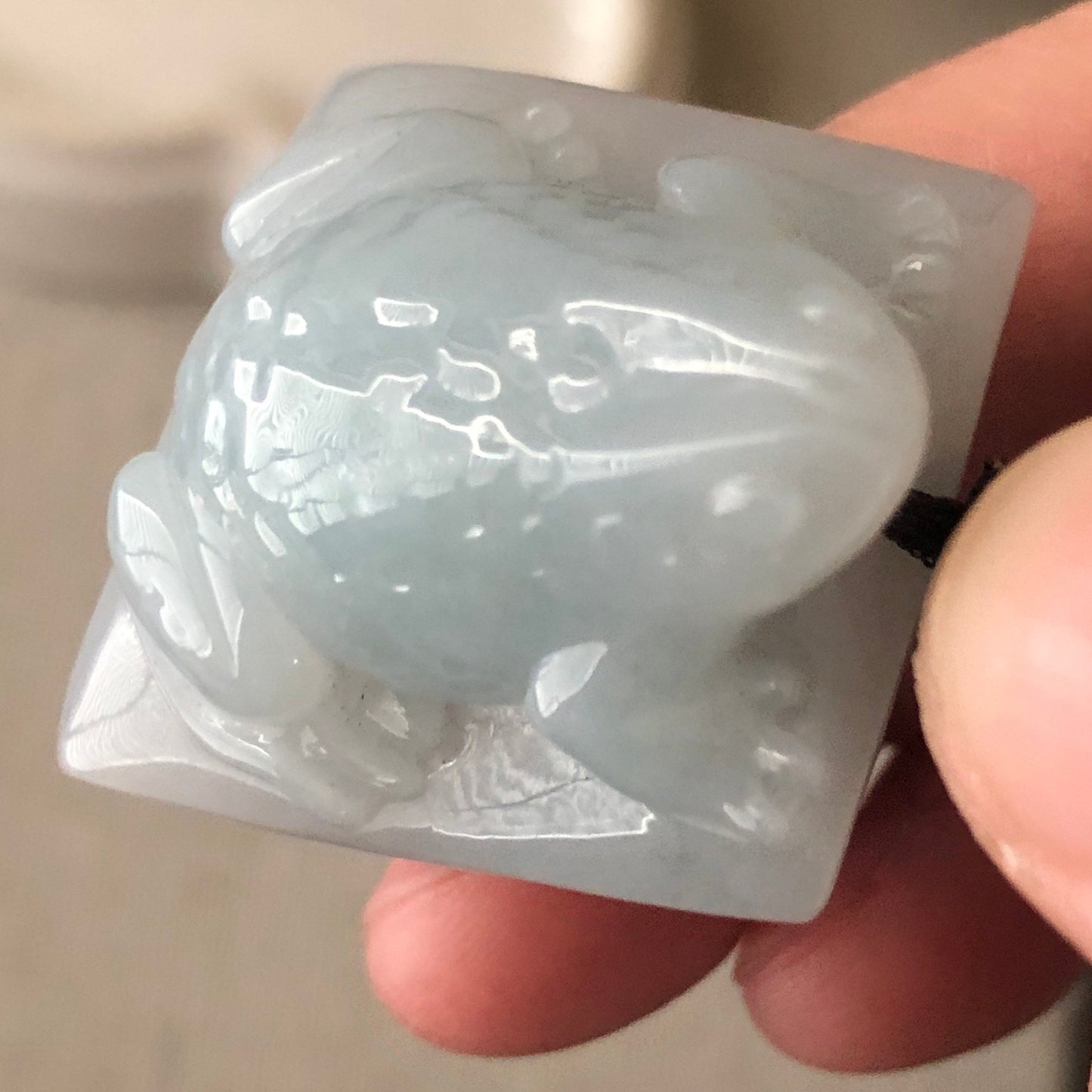 30mm Jadeite Jade Sky Blue Carved Frog Asian Character Pendant Neck Rope Tie