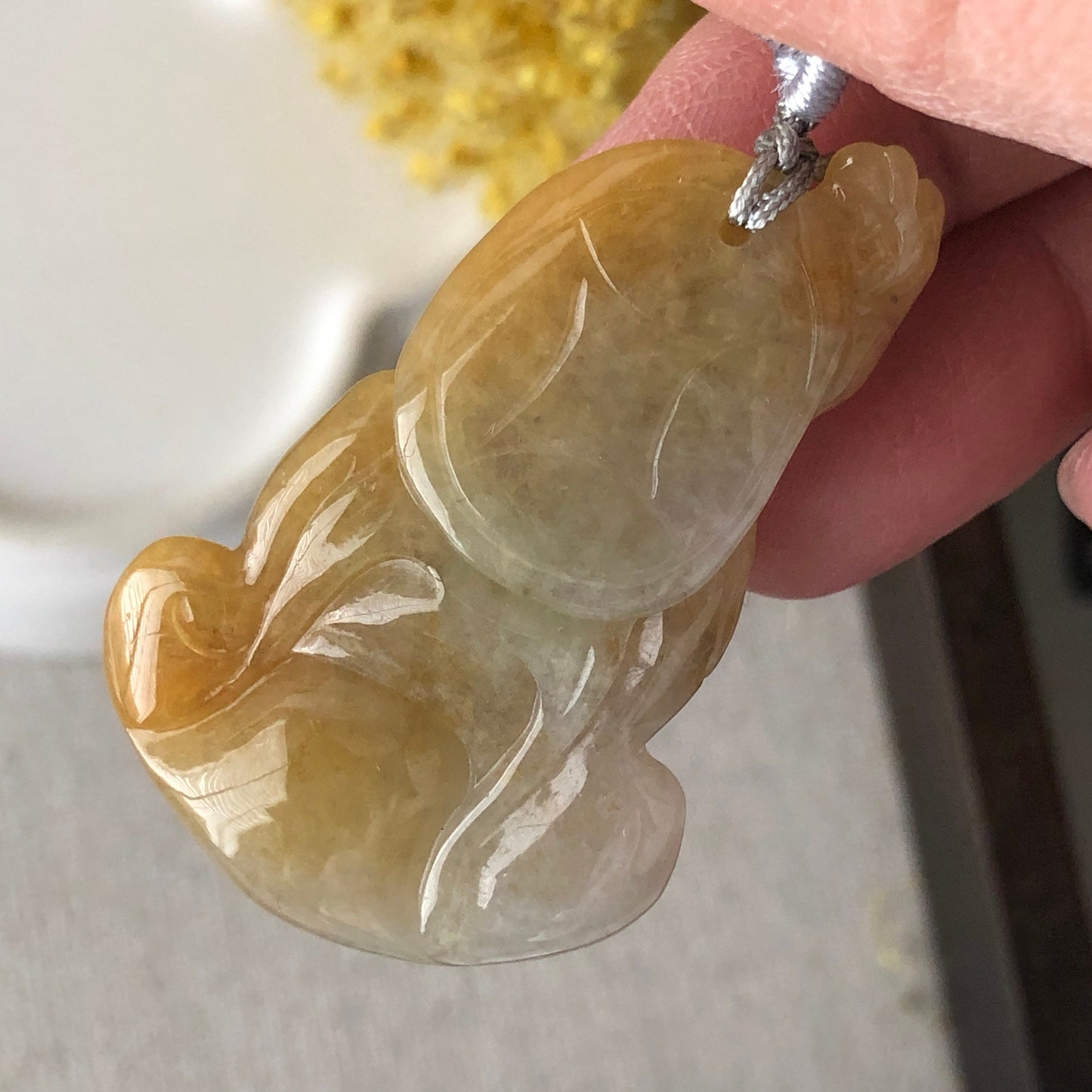 46mm Jadeite Jade Carved Yellow Longevity God Pendant